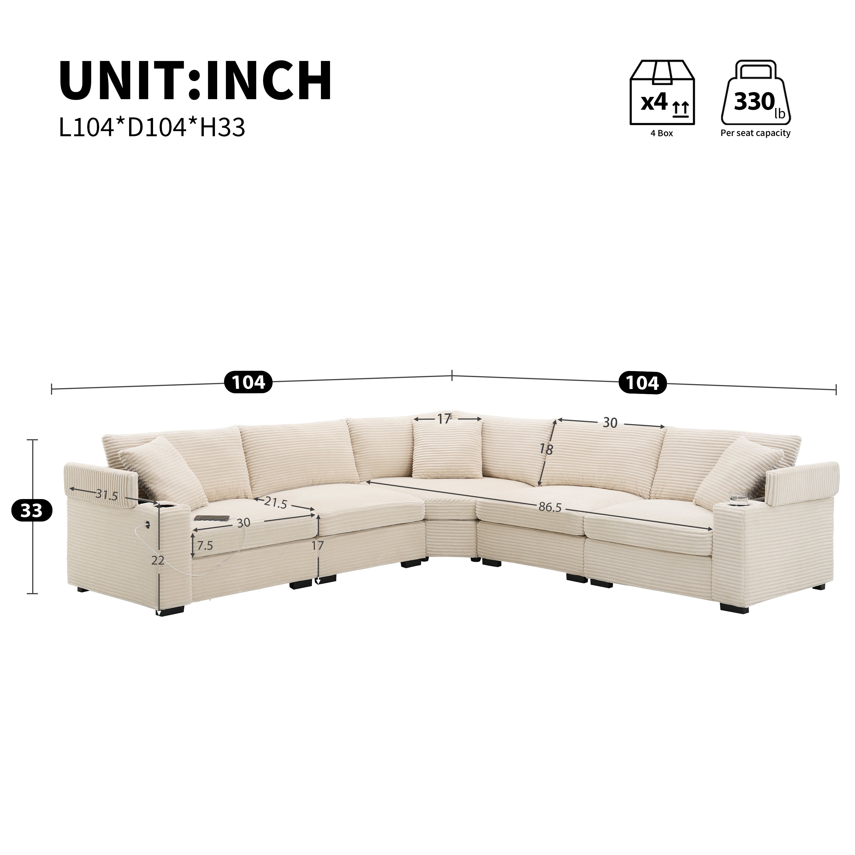 Beige corduroy modular sectional with cup holders front view