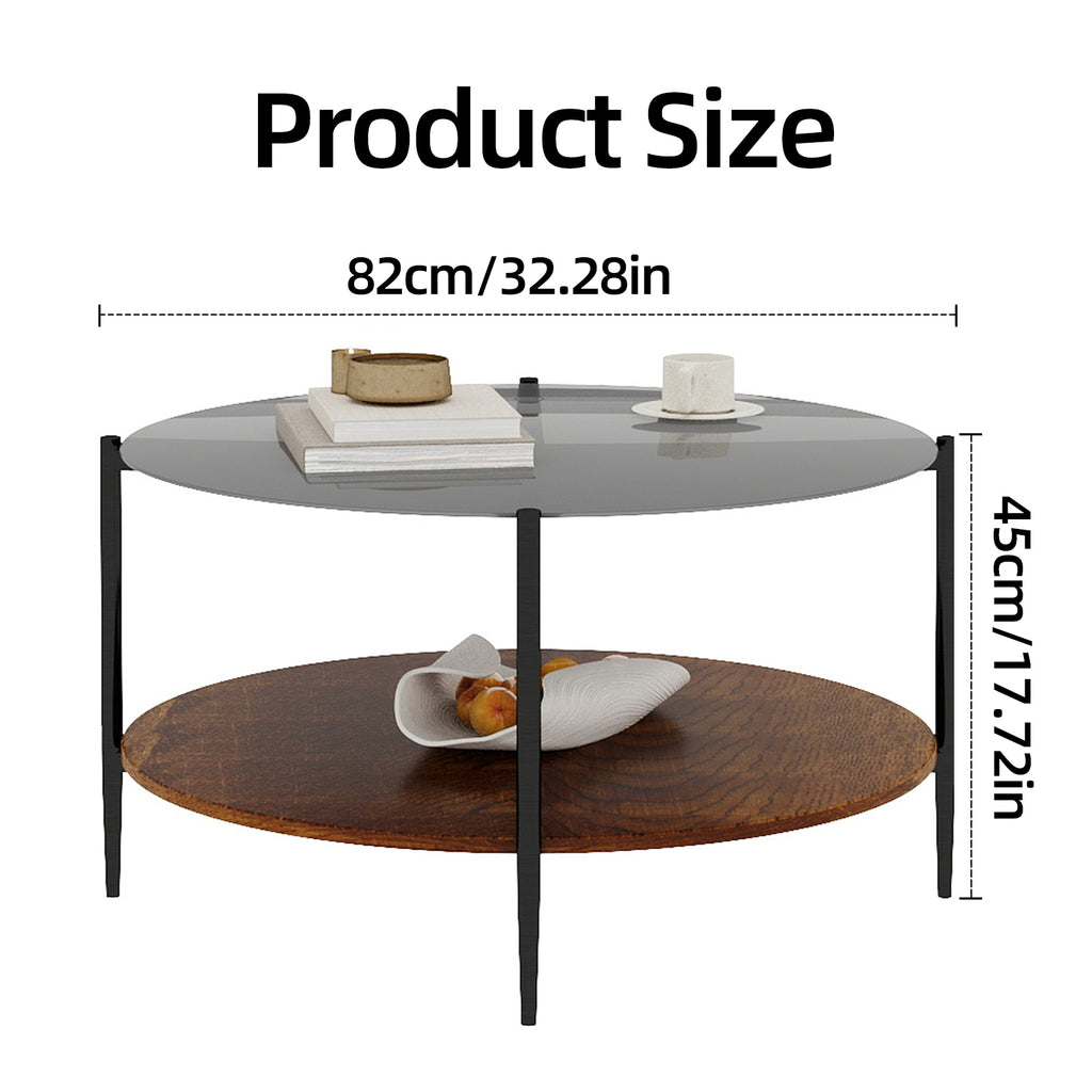 Walnut wood storage shelf beneath glass top coffee table