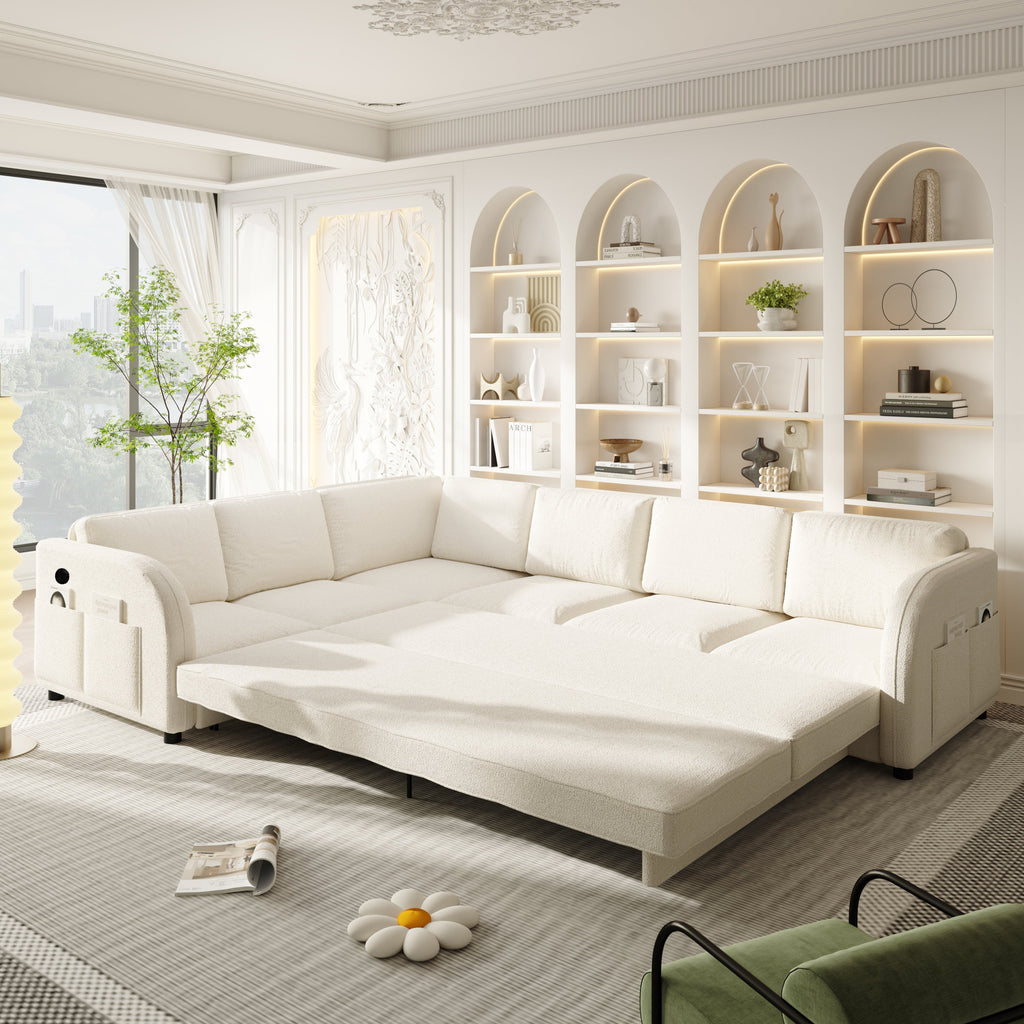115.2' L-Shaped Sofa Couch with Pull-Out Bed,Oversize Convertible Sleeper Sofa with side Pocket & USB Port,Teddy Upholstered Sectional Couches with Convert Left/Right Facing, Light Grey