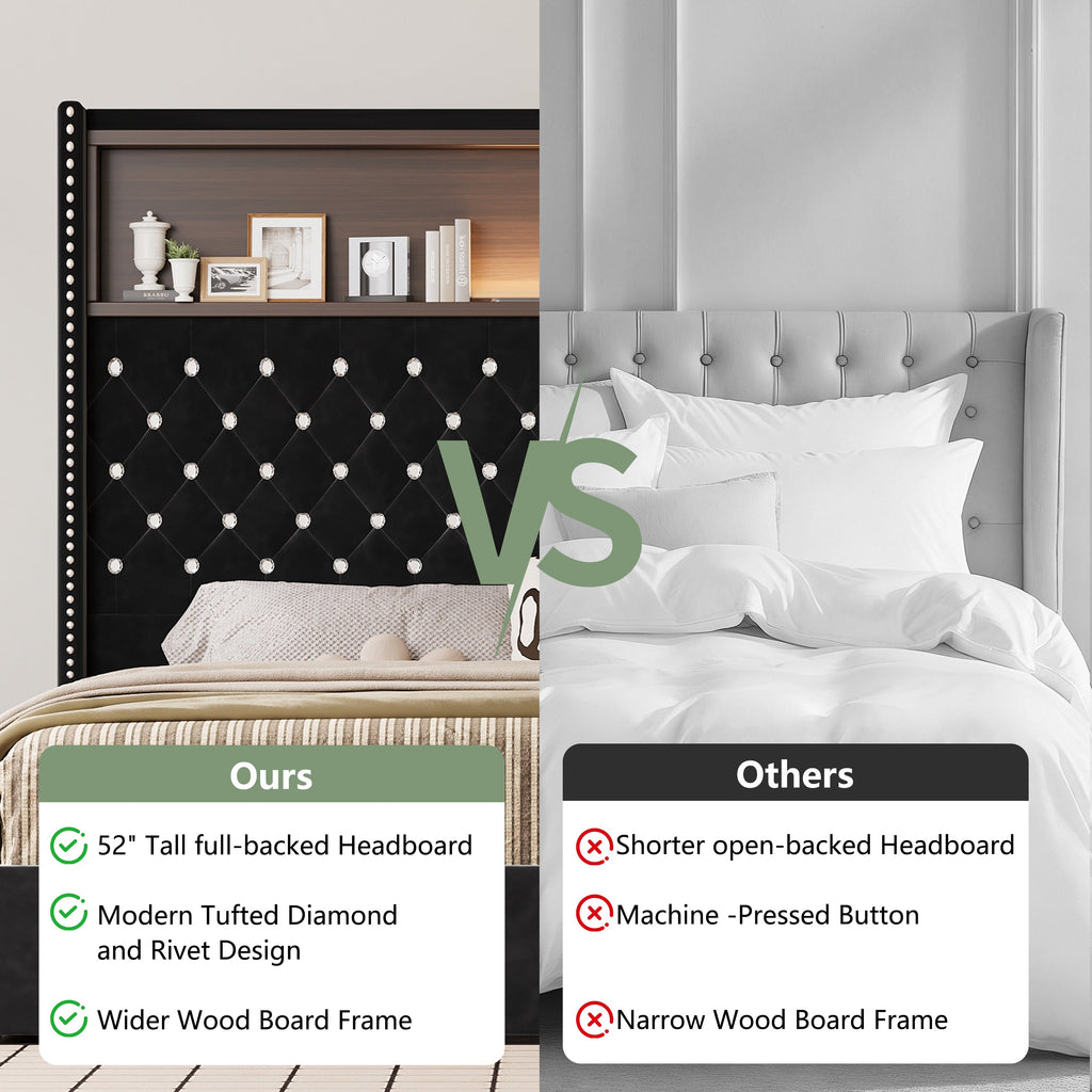 Queen Size Velvet Tufted Soft Bed Frame with USB Port and Night Light,52'' High Headboard with Rivet Decoration, Wing-back Platform Bed with Headboard Shelf, Beige