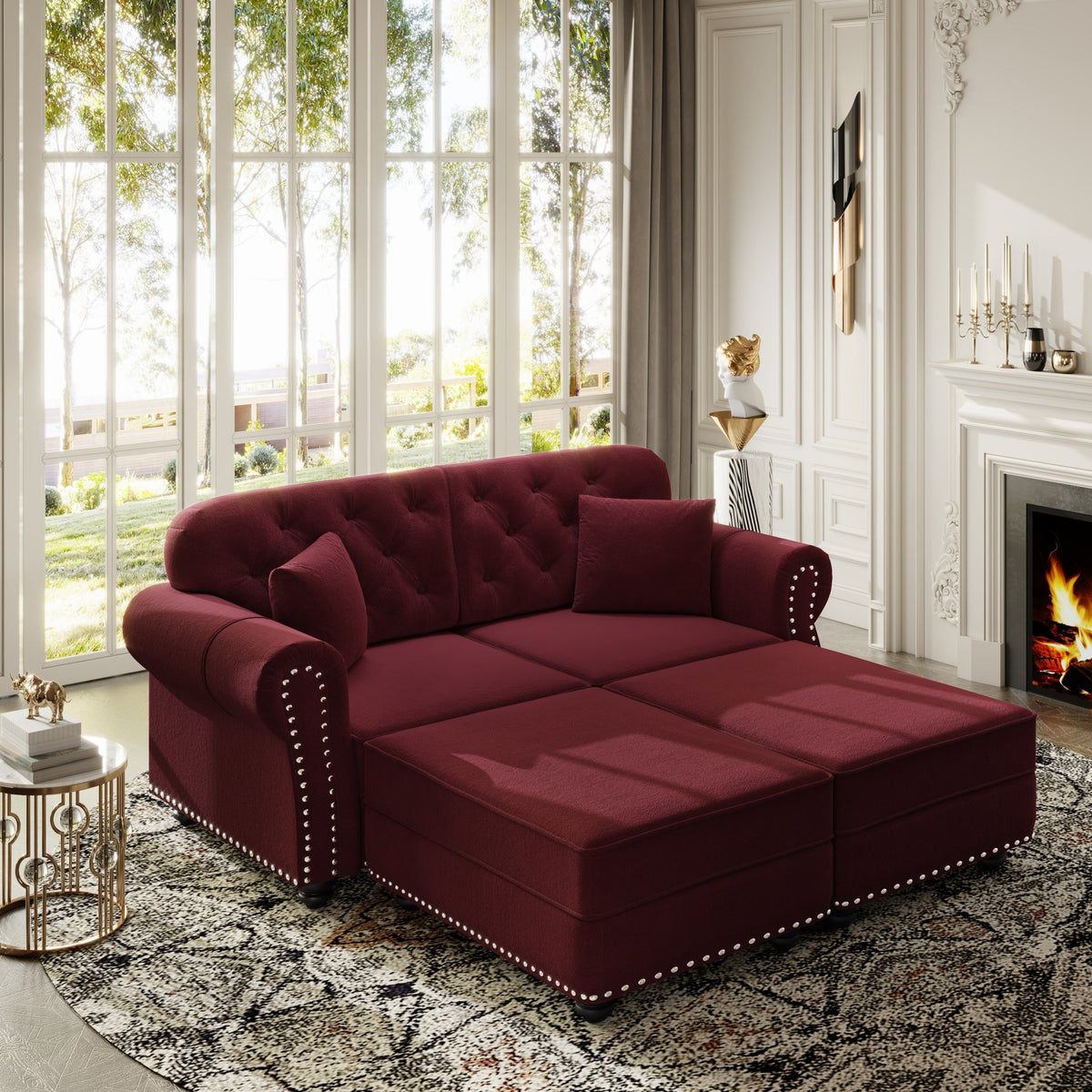 63'Upholstered Velvet Sofa with Nailhead Trim and Rolled Armrests,Mid-Century Modern Chesterfield Sofa with Button Tufted,Includes 2 Pillows,Beige/White