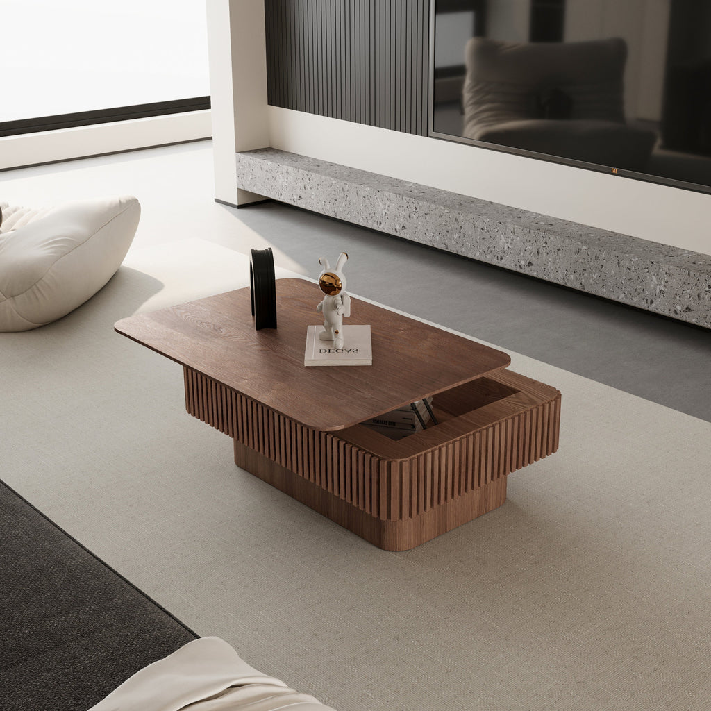 38.6'' Fluted Lift-top Coffee Table Solid Wood Veneered Modern Coffee Table Accent Tea Table with Storage and Adjustable Height for Living Room, Bedroom, Apartment or Office, Grey