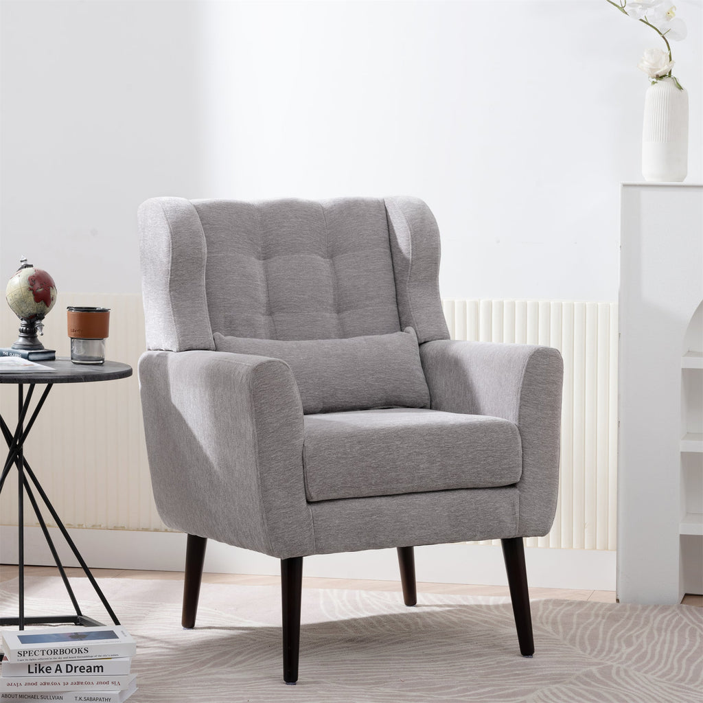 Chenille Accent Chair with Lumbar Pillow — Mid-Century Rubberwood Legs