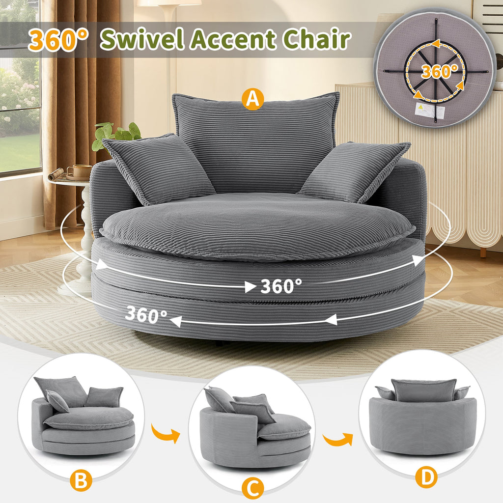 Blue Corduroy 360° Swivel Barrel Accent Chair with Dual-Layer Cushion & 3 Pillows