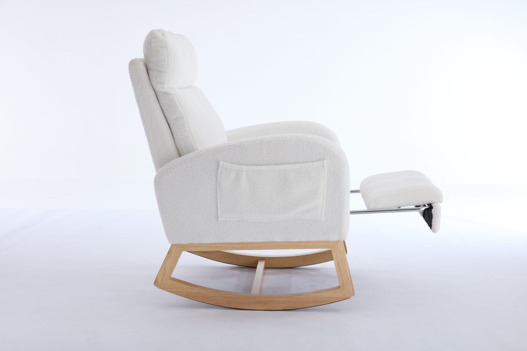 White teddy fabric rocking chair with footrest — product photo