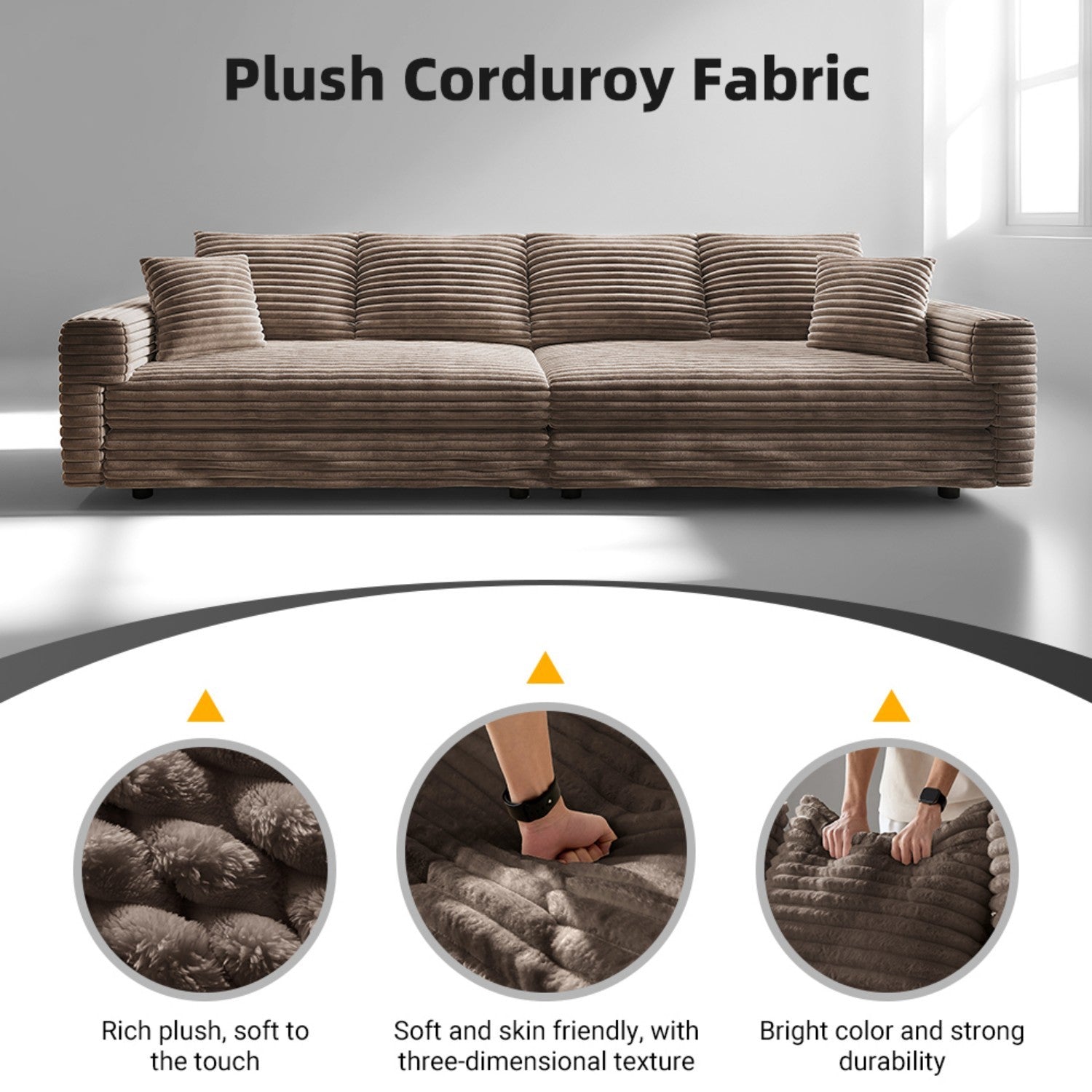 102.4 'Plush Corduroy 4-Seat Sofa,Modern Comfy Upholstered Sofa Cloud Couch,Deep Seat Couches with Soft Pillows and 3 Ottomans,Convertible Sofa Lounge Chair,Black(Old SKU:W1885S00287)