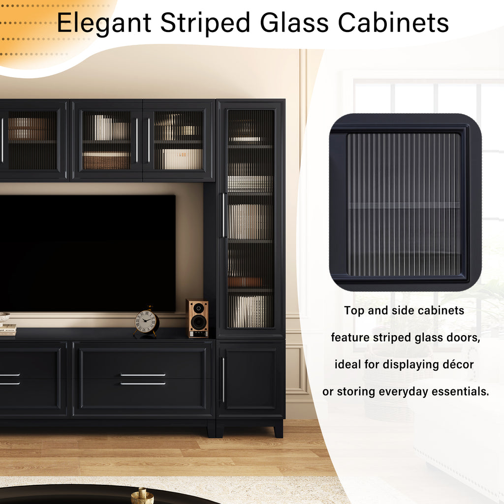 Modern TV stand side cabinet striped glass doors