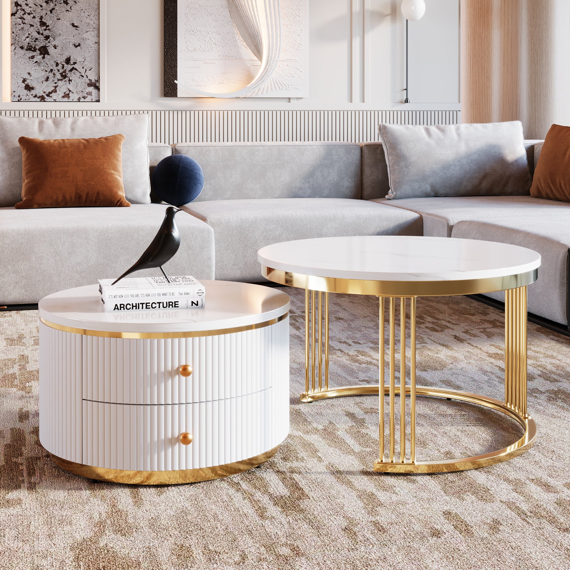Large round coffee table with two drawers open