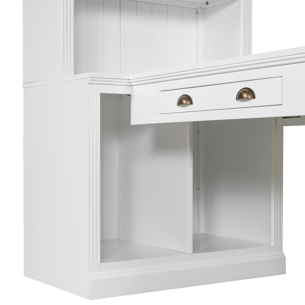 Vertical storage compartments on white bookcase desk
