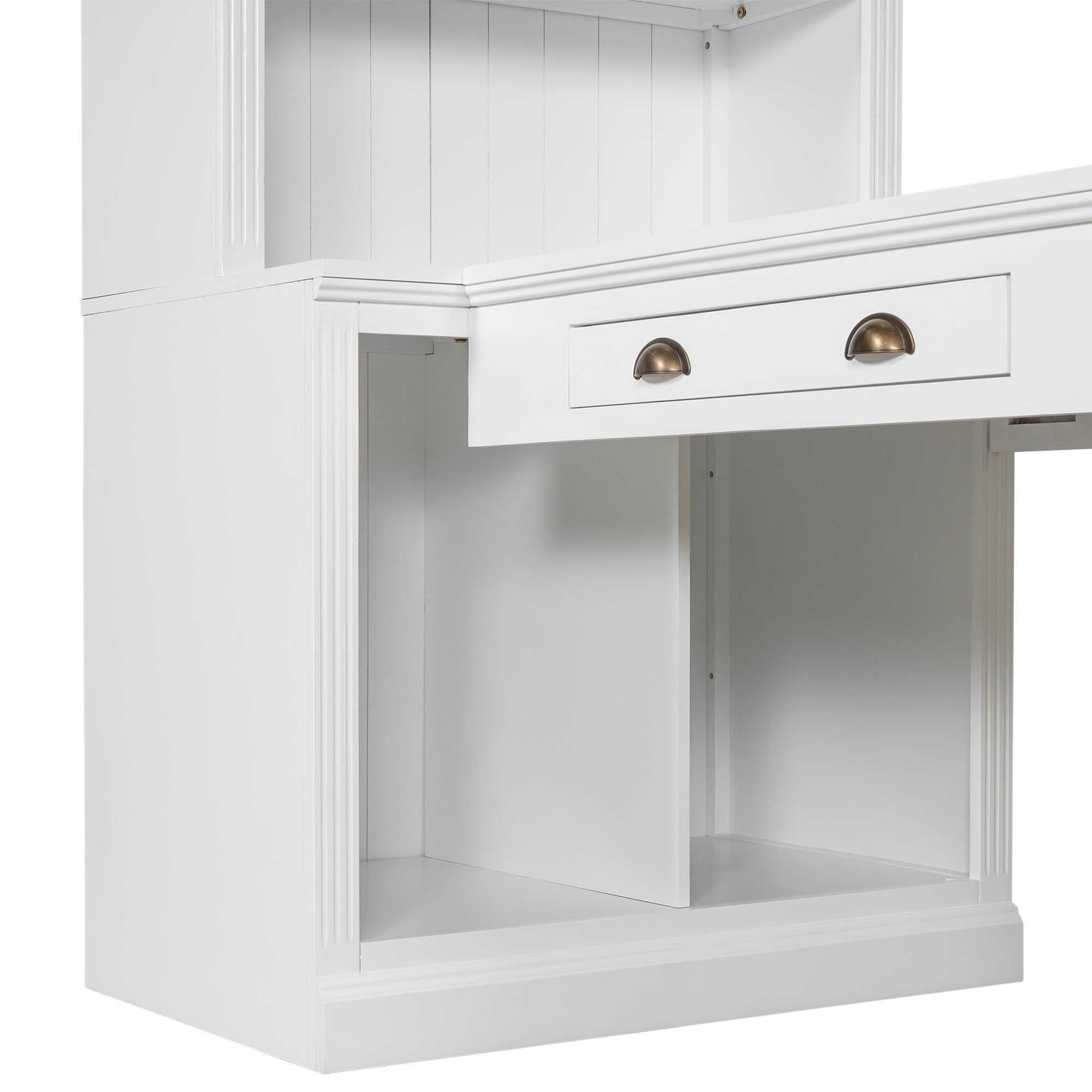 Vertical storage compartments on white bookcase desk