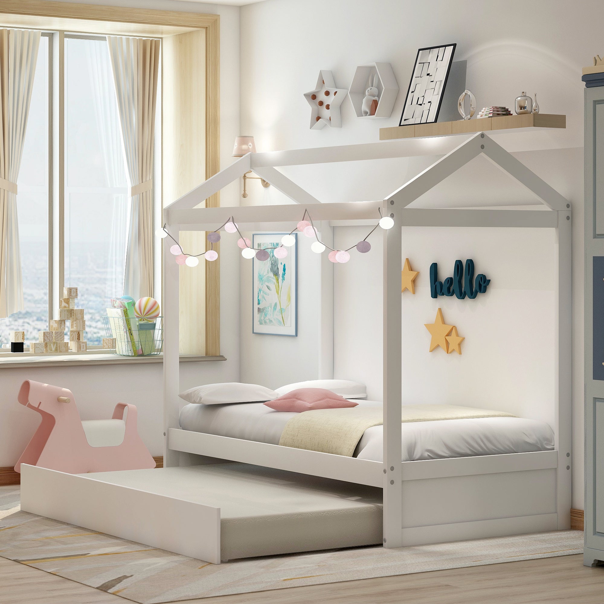 White pine wood house bed in kids bedroom setting