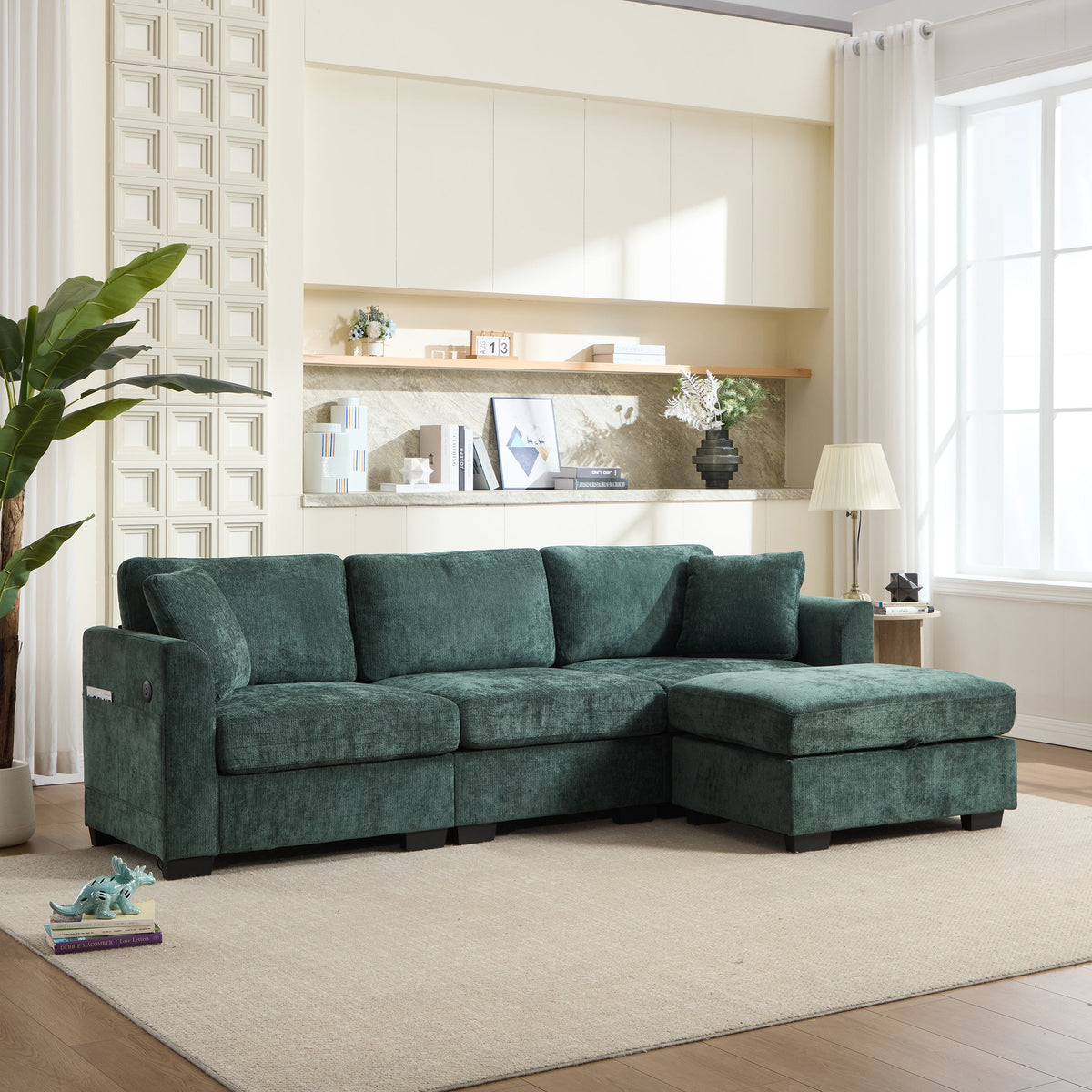 Modern Storage Sofa with Dual USB, 2 Side Pockets,Ottoman Storage Bench Cloud Sectional Chenille Sofa Oversized,4-Seat, L-Shaped Couch,Black