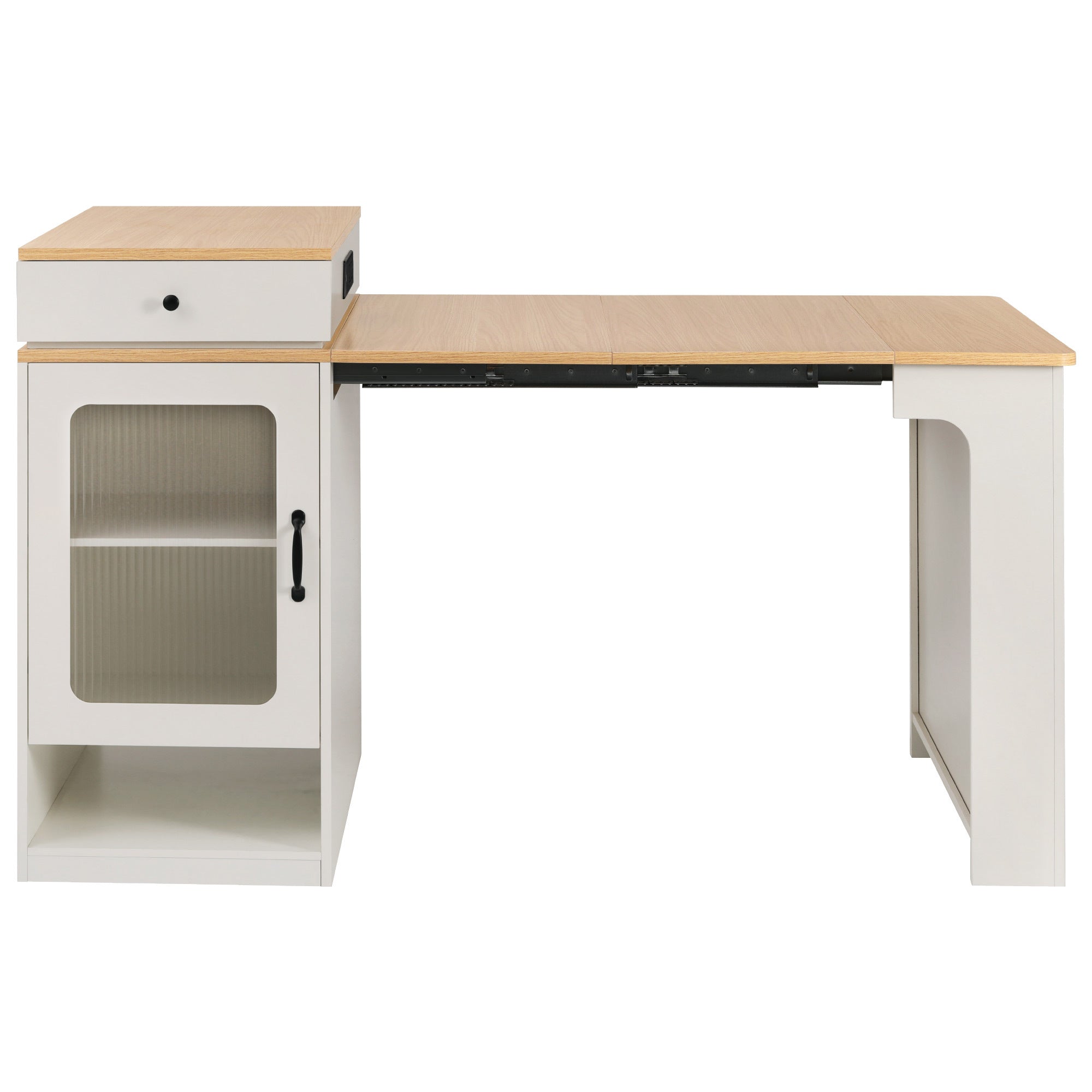 K&K 59.5' Kitchen Island with Extendable Dining Table, Kitchen Storage Table with Double-sided Storage, Kitchen Island with 2 Drawers, Power Outlet, Side Open Shelves, for Kitchen, Dining Room, Black