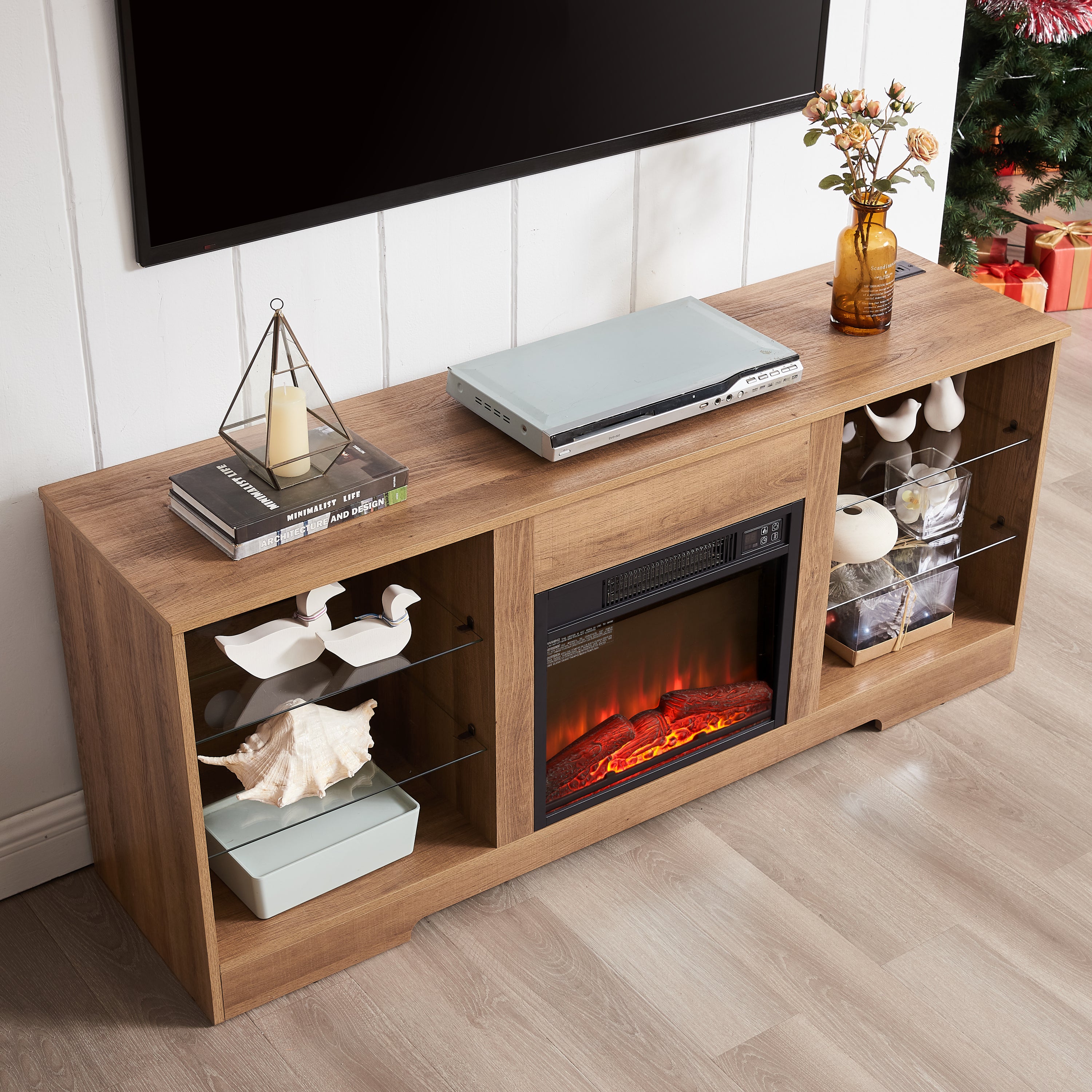 Modern oak TV stand with USB charging outlets on top