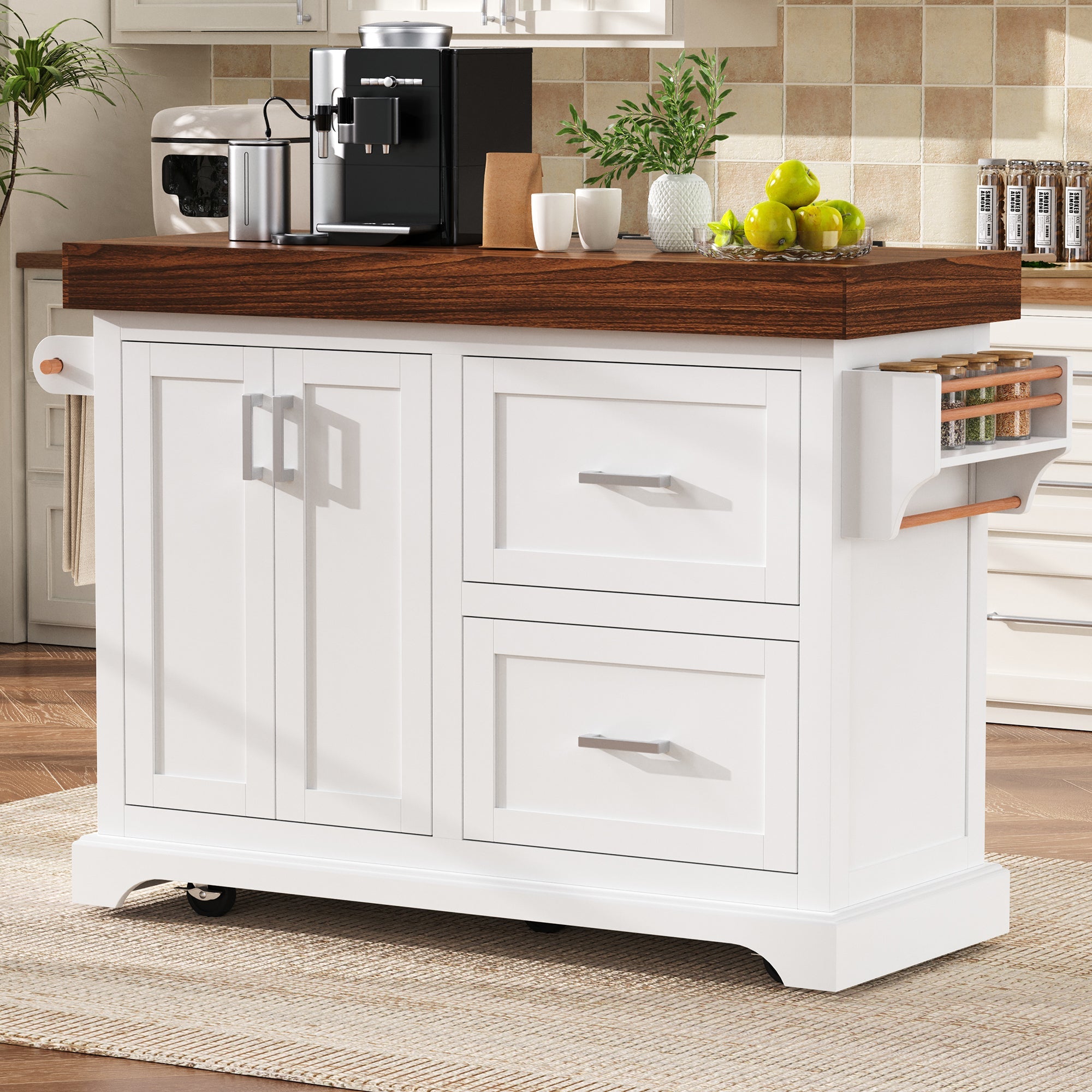 K&K 53' Large Kitchen Island with 3.5' Thick Desktop, Spice and Towel Racks, Rolling Kitchen Island with Storage on 5 Wheels, 2 Extra-large Drawers, for Home, Kitchen, Dining Room, Black