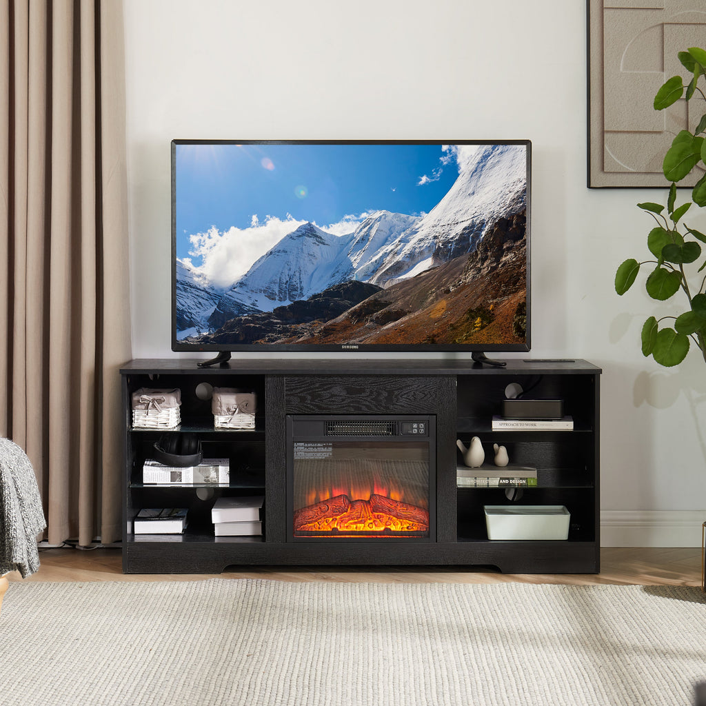 TV Stand with Electric Fireplace — Glass Shelves & USB Outlets for TVs Up to 62"