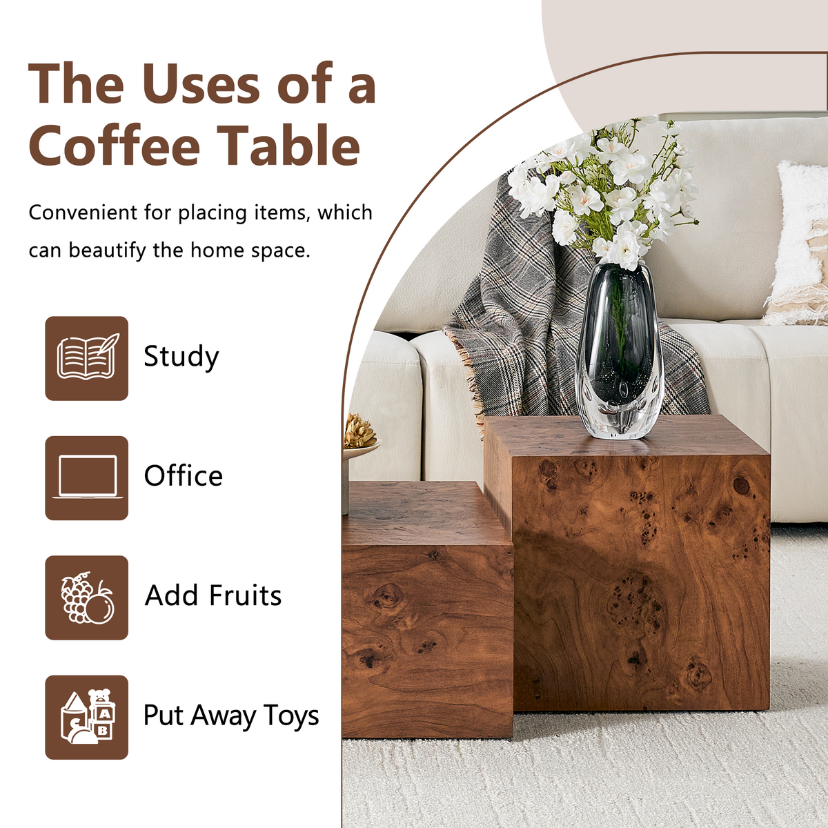 Premium Burl Walnut Veneer MDF Cube Table, Height Adjustable Multi-purpose Coffee Side End Table for Living Room, 11.8'×11.8'×19.7', No Extra Items Included