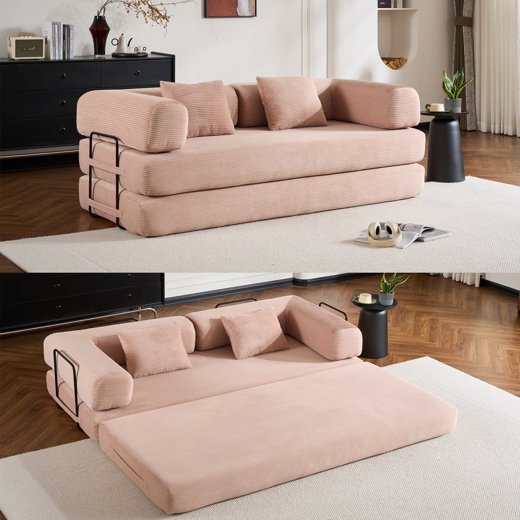 Convertible Sleeper Sofa Bed with Cylindrical Pillow, Corduroy Folding Mattress Couch with Fixed-Shape Frame, Floor Sofa Lounge Couch for Living Room Bedroom Black