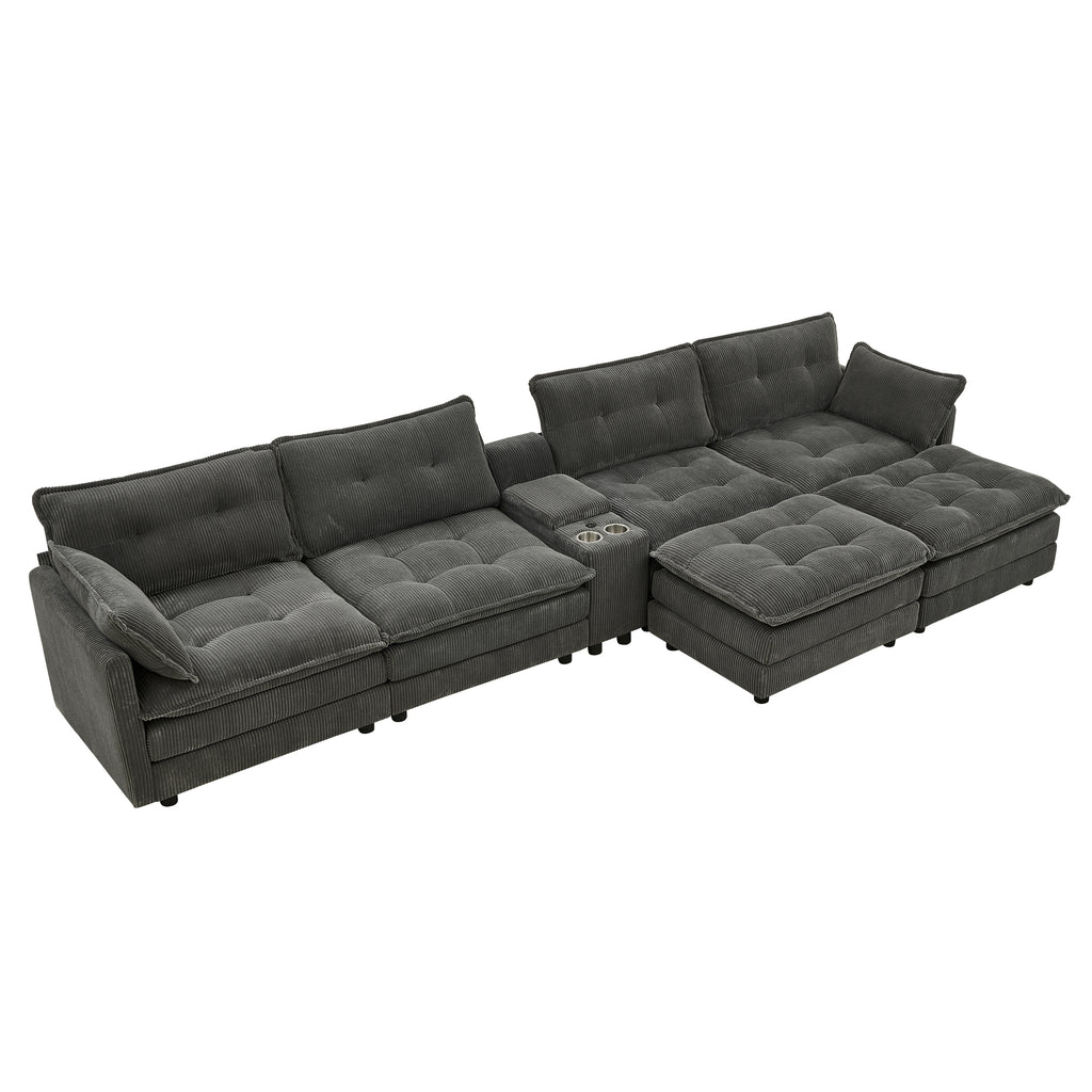 Gray corduroy modular sectional sofa fabric texture close-up