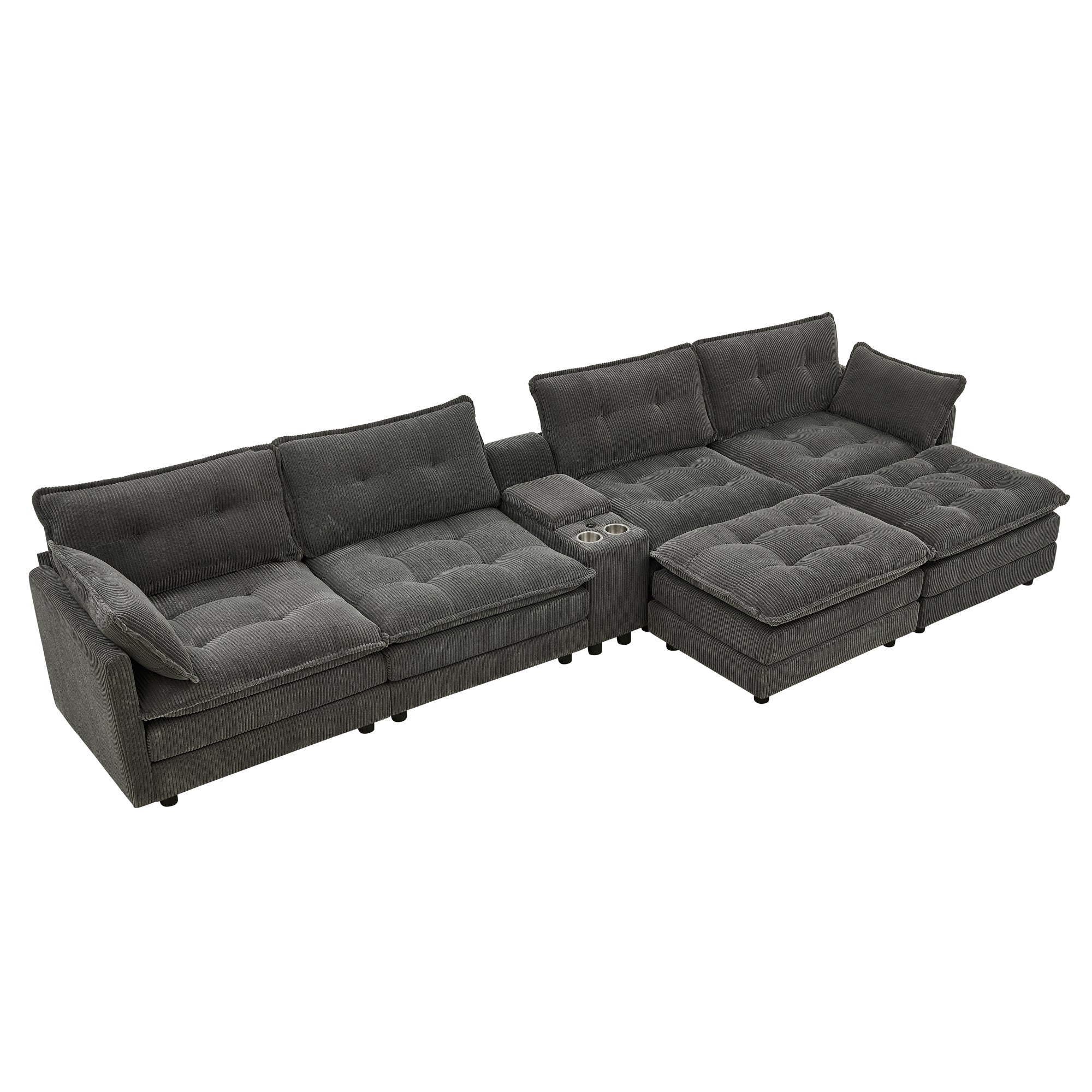Gray corduroy modular sectional sofa fabric texture close-up