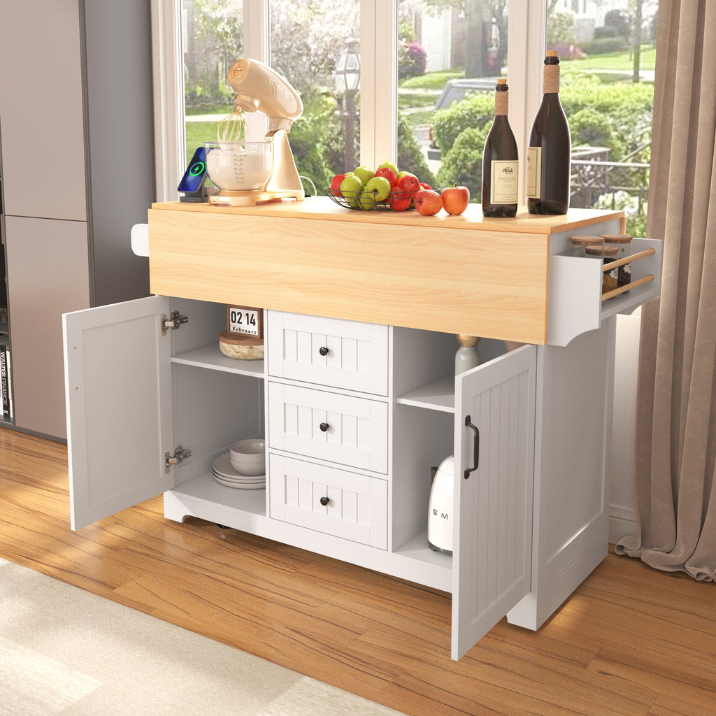 K&K 55.7'' Large Kitchen Island with 2 Drop Leaf,, Rolling Kitchen Cart on 5 Wheels with Power Outlet, Folding Storage Dining Table with Spice & Towel Rack , 3 Drawers, for Kitchen, Dining Room,Black