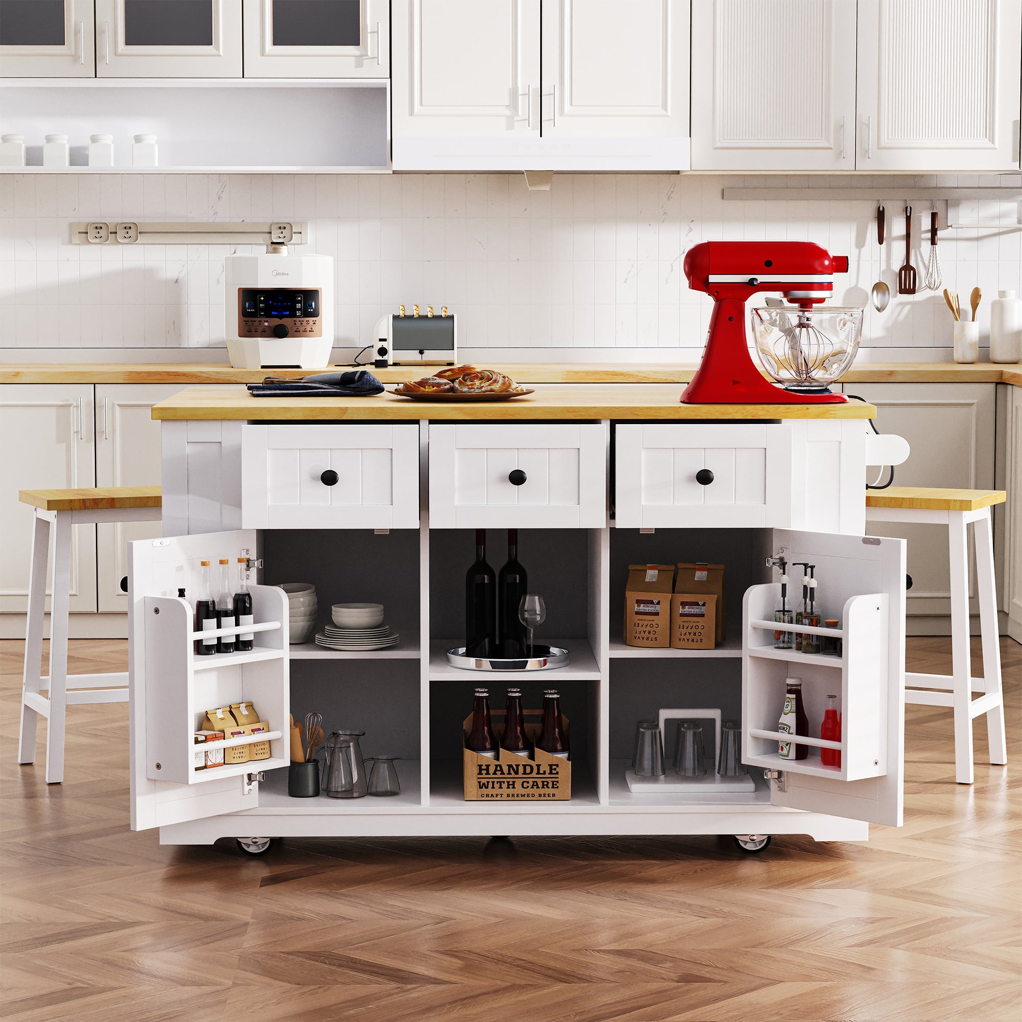 K&K 53inch Large Kitchen Island with Drop Leaf,Power Outlet,Door Internal Storage Rack,Rolling Kitchen Cart on 5 Wheels with 5 Open Side Racks for Kitchen,Black(Two Packages)(Stools not included)