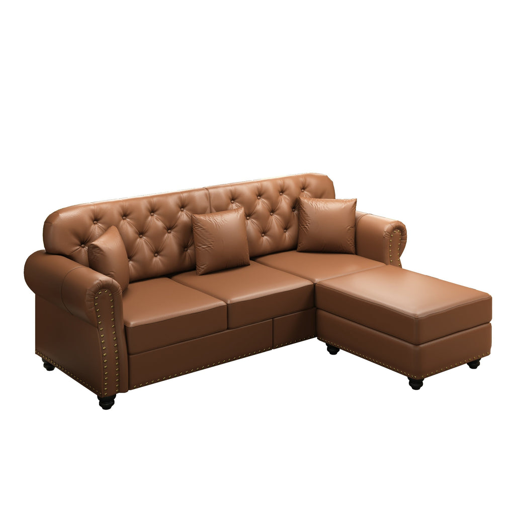 82.6'Upholstered Faux Leather Sofa with Nailhead Trim and Rolled Armrests,Mid-Century Modern Chesterfield Sofa with Button Tufted,Includes 3 Pillows,Black