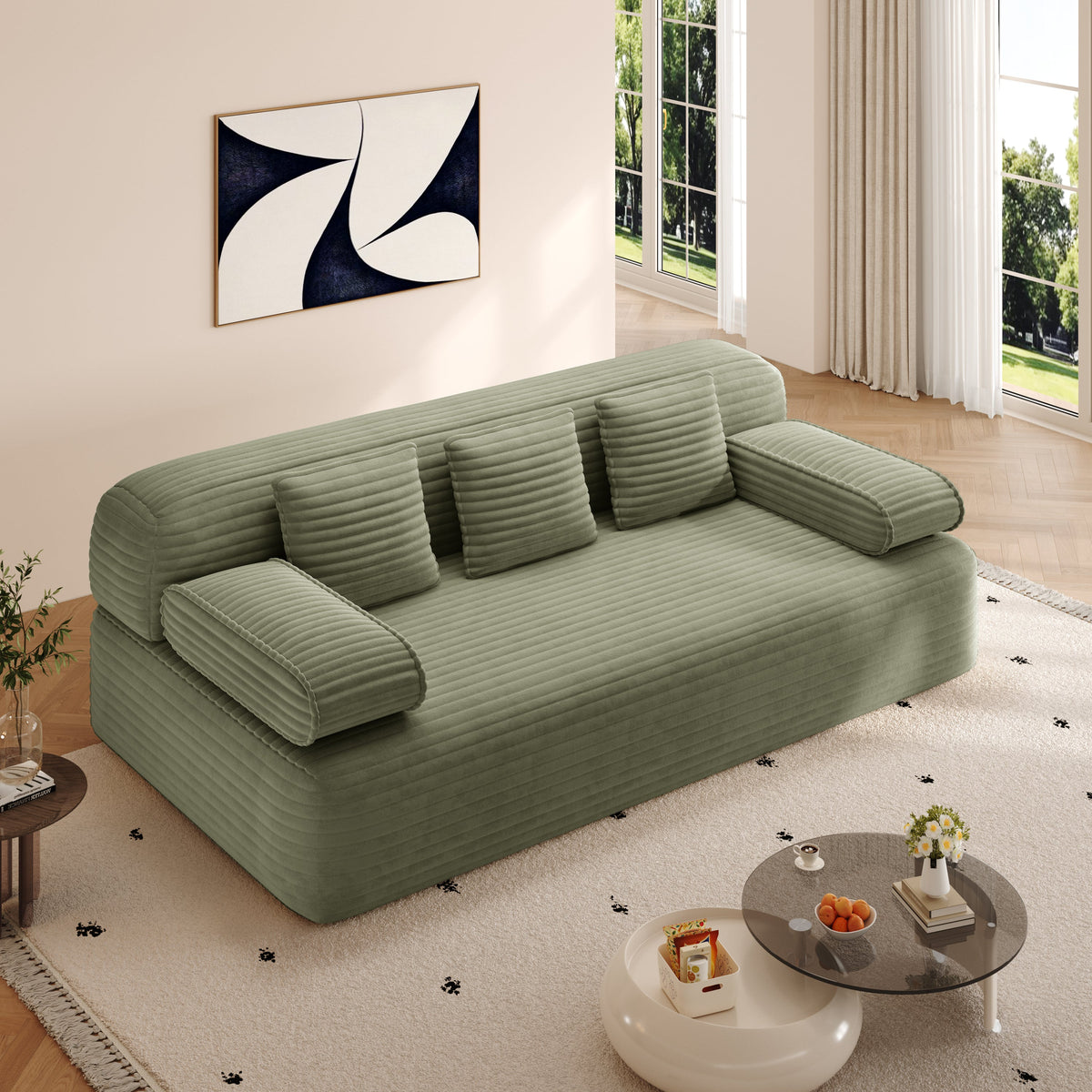 78.7' Frameless Sofa,2-in-1 Convertible Sofa Bed with 3 Pillows – Plush Corduroy Fabric, Multi-Functional 3-Seater Couch for Small Spaces, Apartments and Bedrooms,Beige