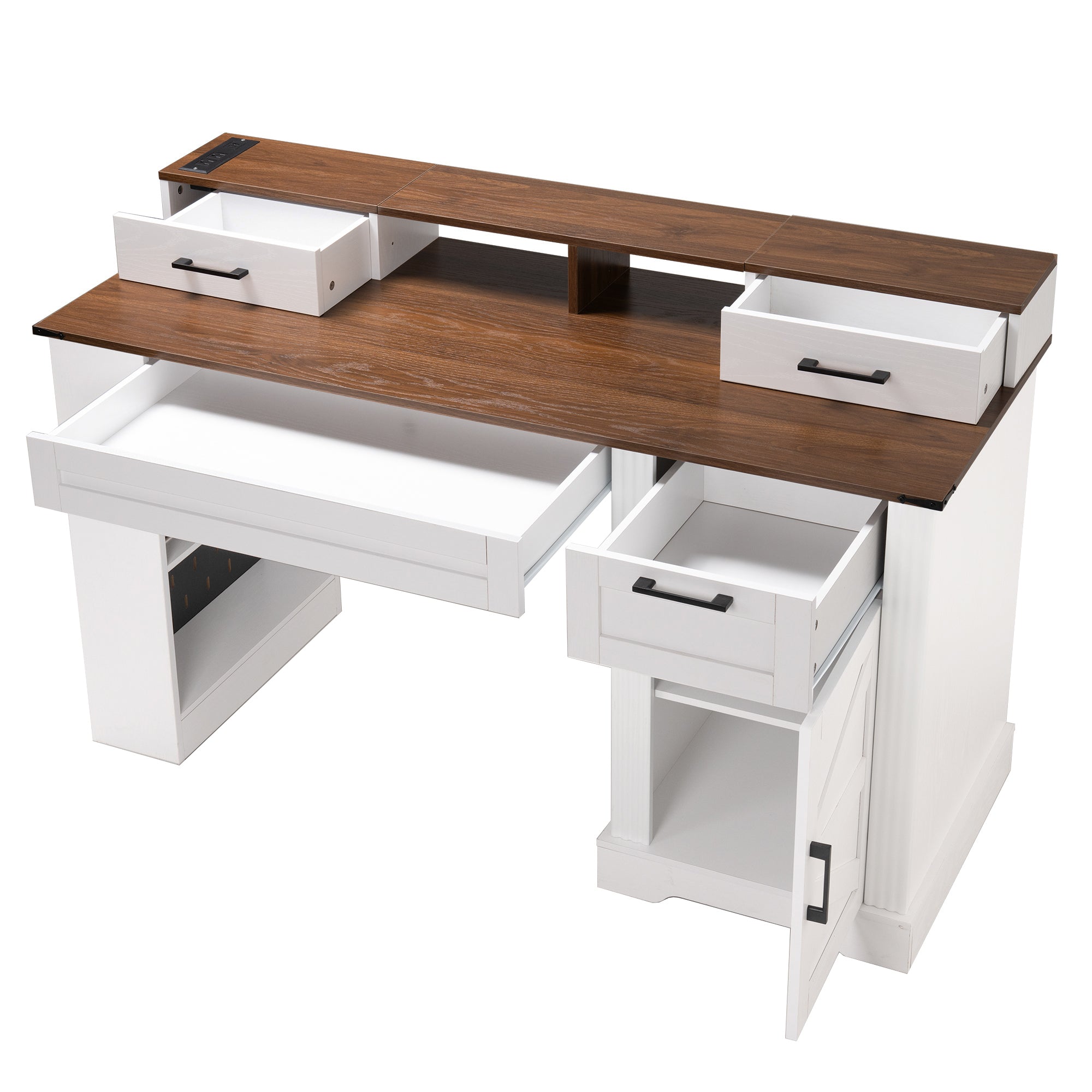 Barn door texture panel finish on white farmhouse office desk close-up