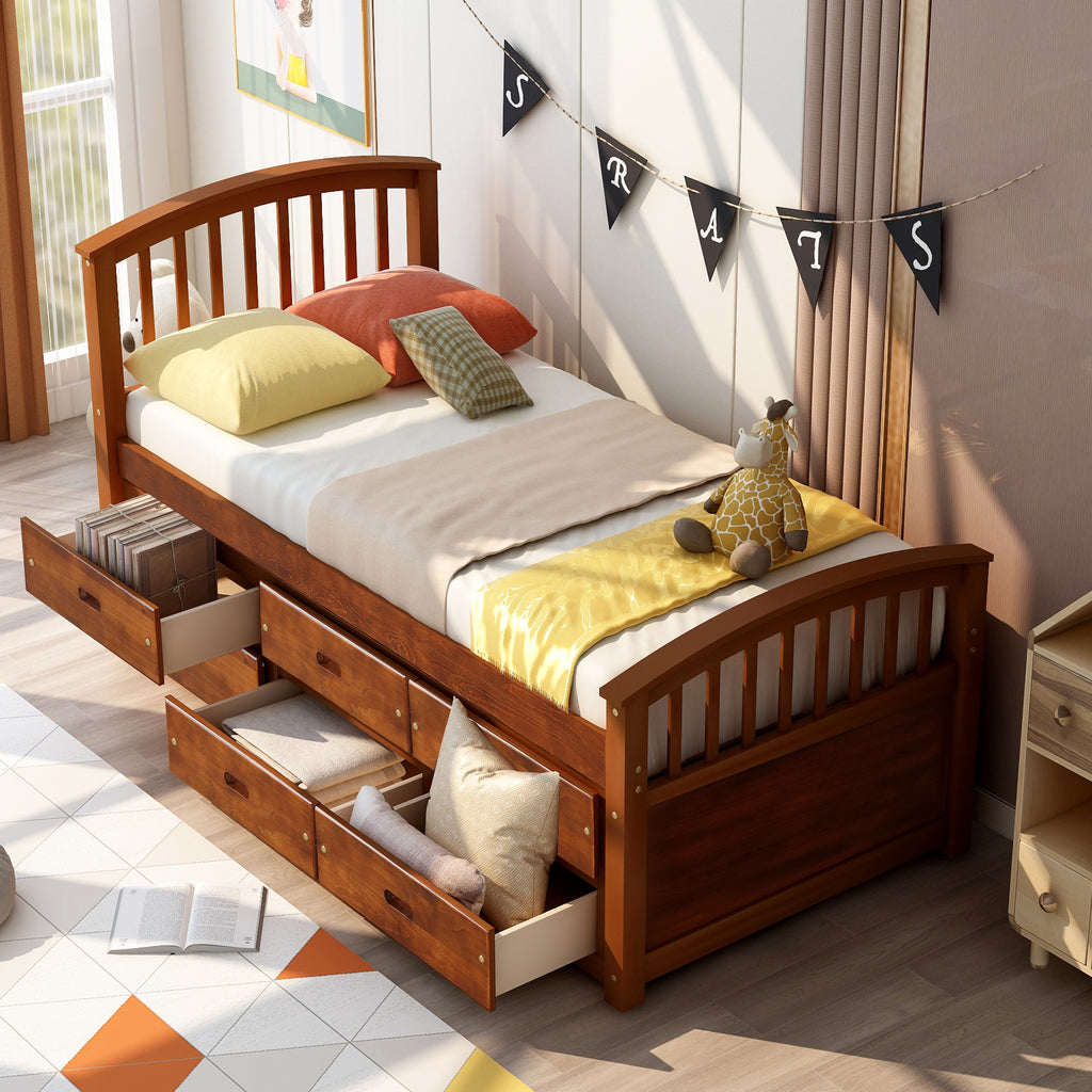Walnut twin platform storage bed with six drawers — front view