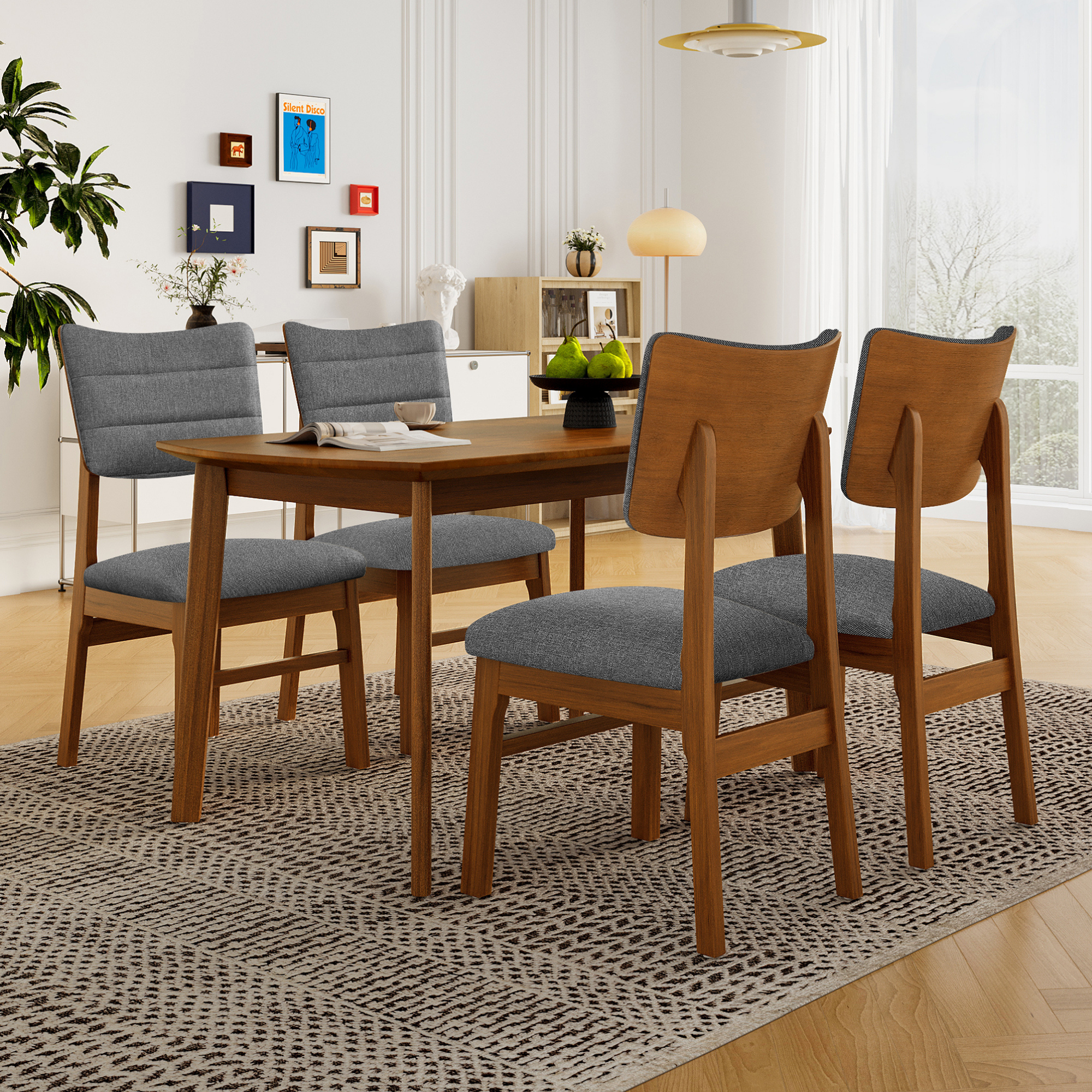 Farmhouse Dining Table Set for 4, Wood Kitchen Table & 4 Upholstered Chairs with Sturdy Rubber Wood Frame, Padded Seat, Curved Backrest, Space-Saving Dinette Set for Dining Room, Brown+Gray