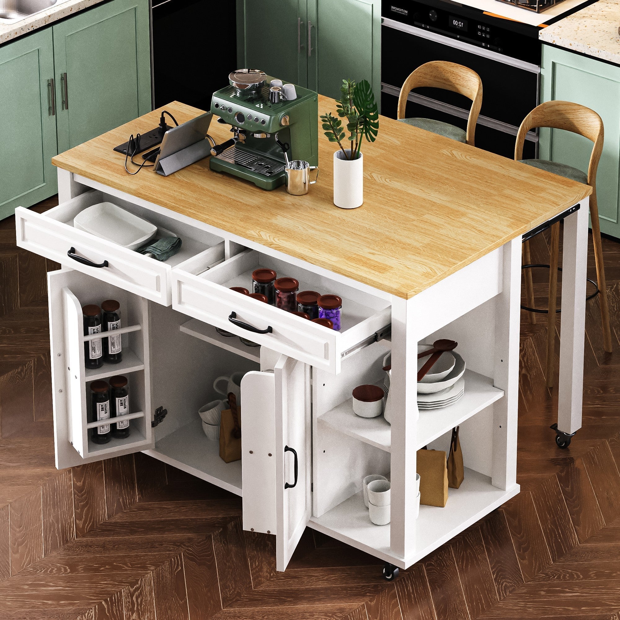 K&K 47 inch Kitchen Island with Extendable Dining Table, Rubber Wood Veneer Kitchen Table with Internal Storage Rack, Power Outlet, Kitchen island with Storage 2 Drawers 2 Cabinet, Black