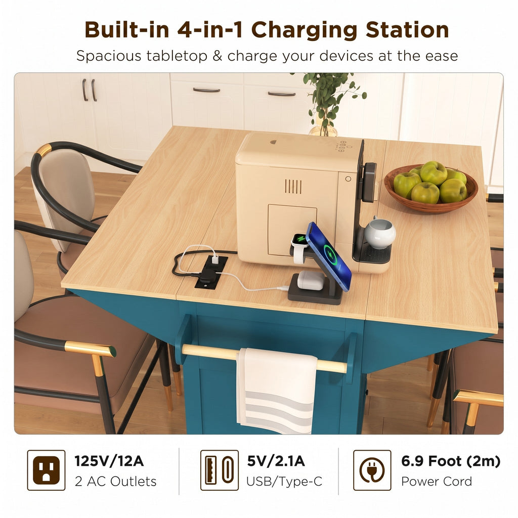 K&K 55.7'' Large Kitchen Island with 2 Drop Leaf,, Rolling Kitchen Cart on 5 Wheels with Power Outlet, Folding Storage Dining Table with Spice & Towel Rack , 3 Drawers, for Kitchen, Dining Room,Black