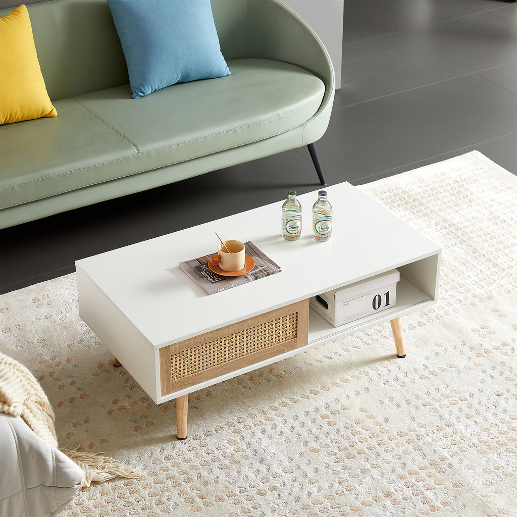 White coffee table solid wood legs living room setting