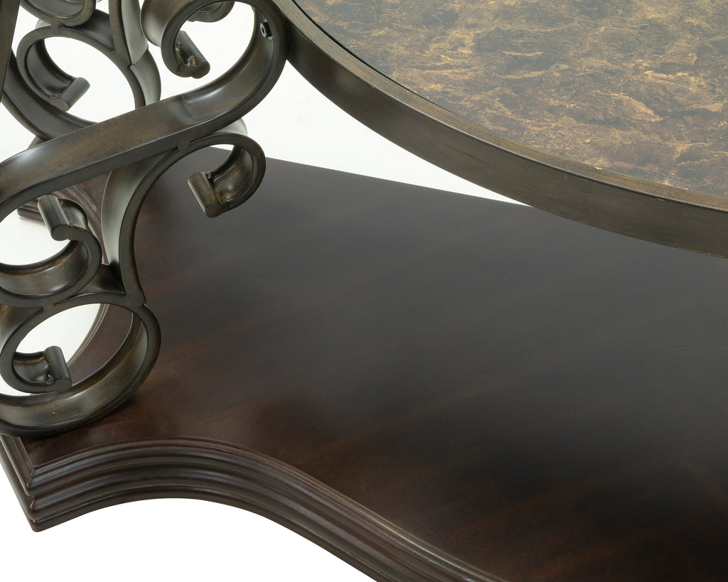 Ornate metal leg sofa table serpentine scroll design detail