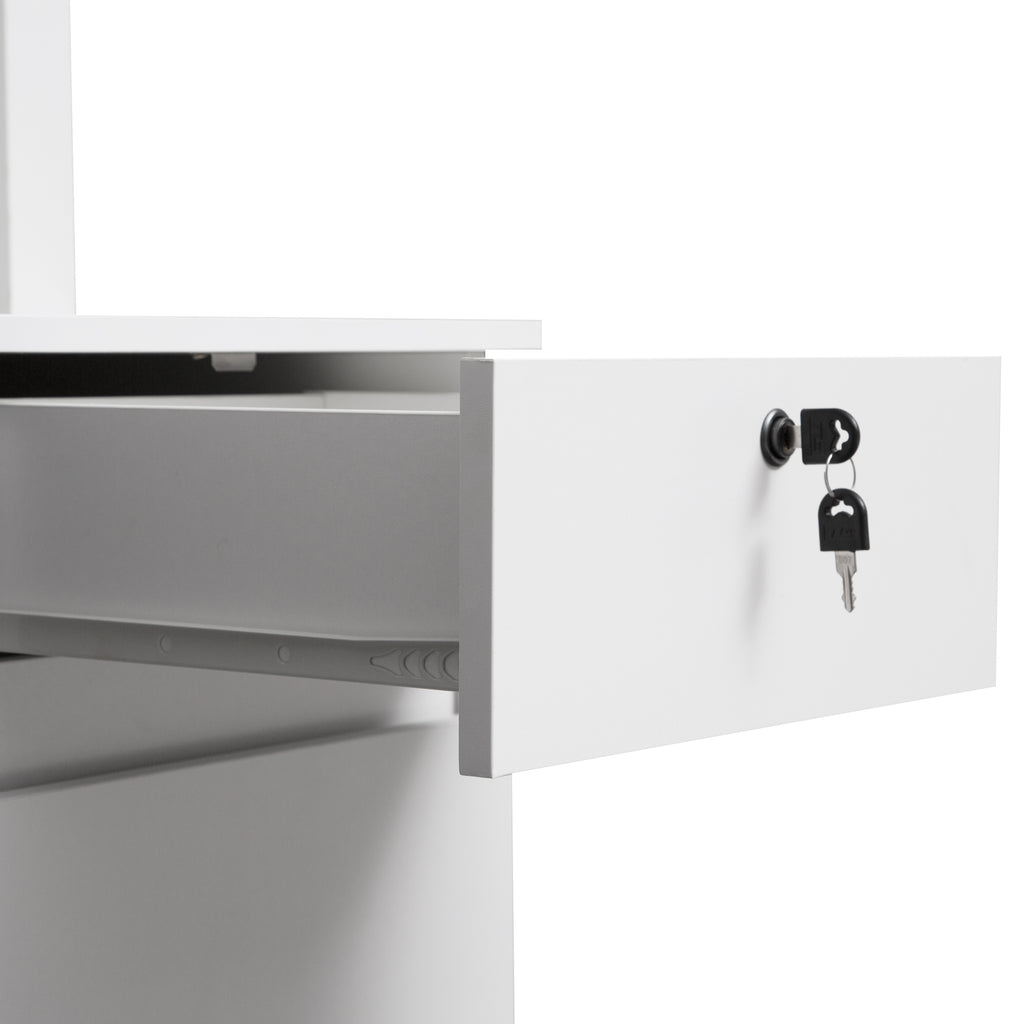 White office desk drawer pull-out storage detail