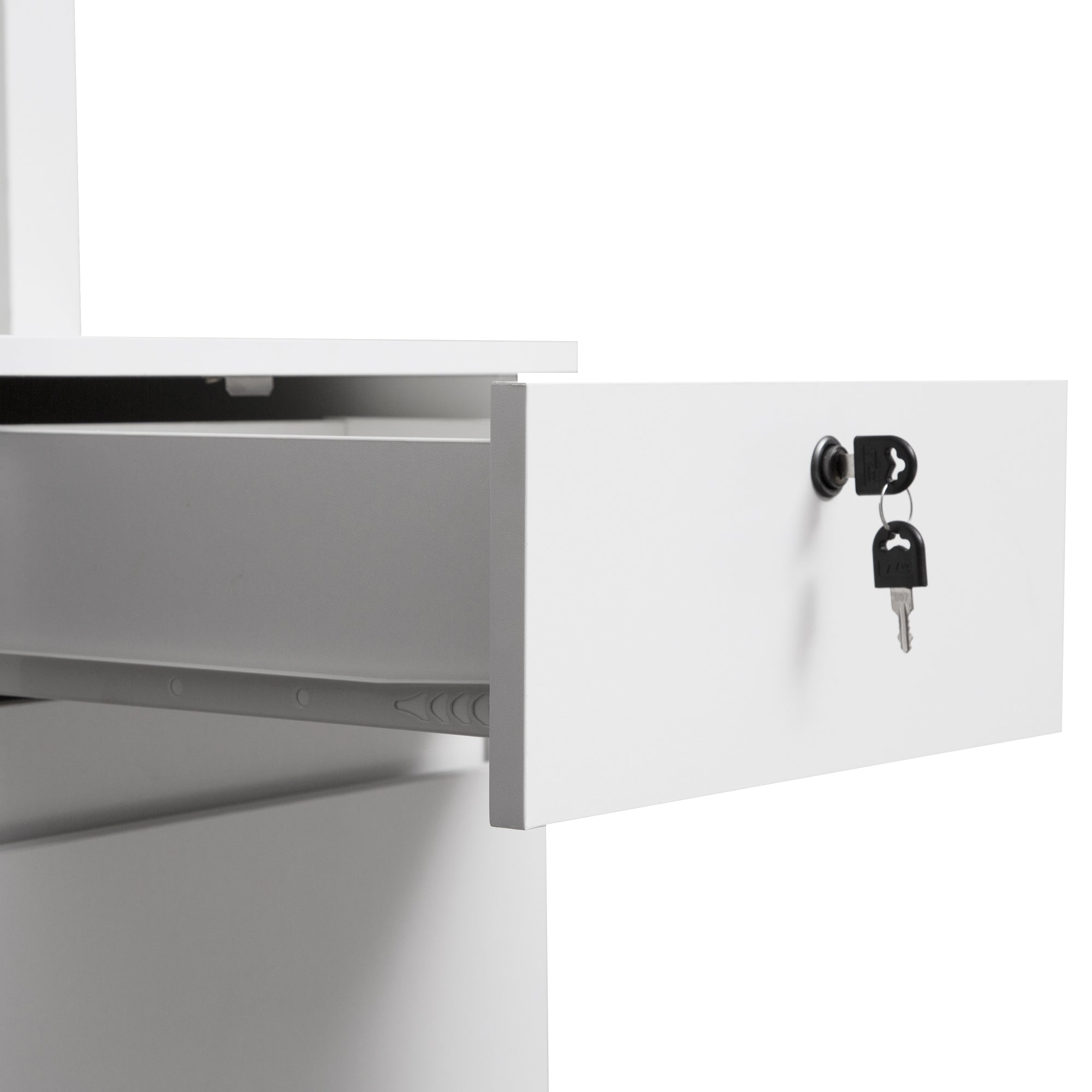White office desk drawer pull-out storage detail