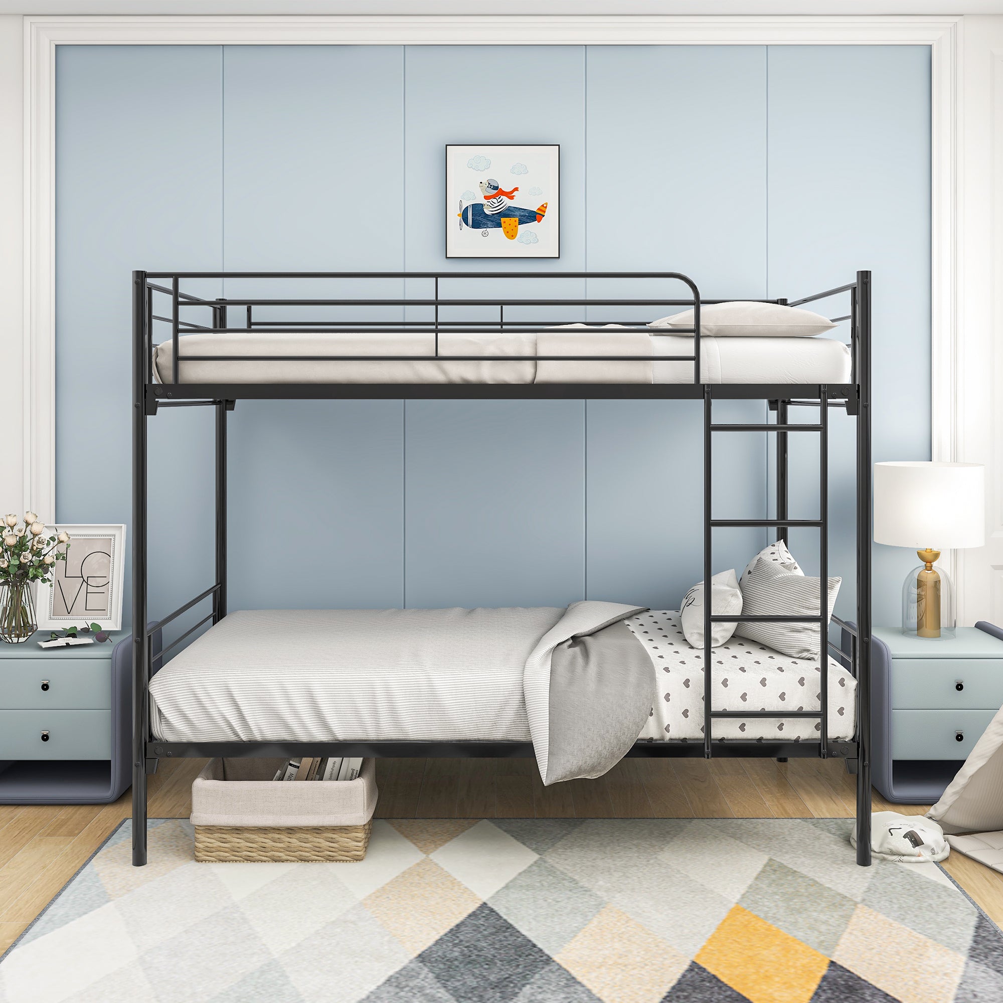 Twin over twin bunk bed steel slat platform — no box spring