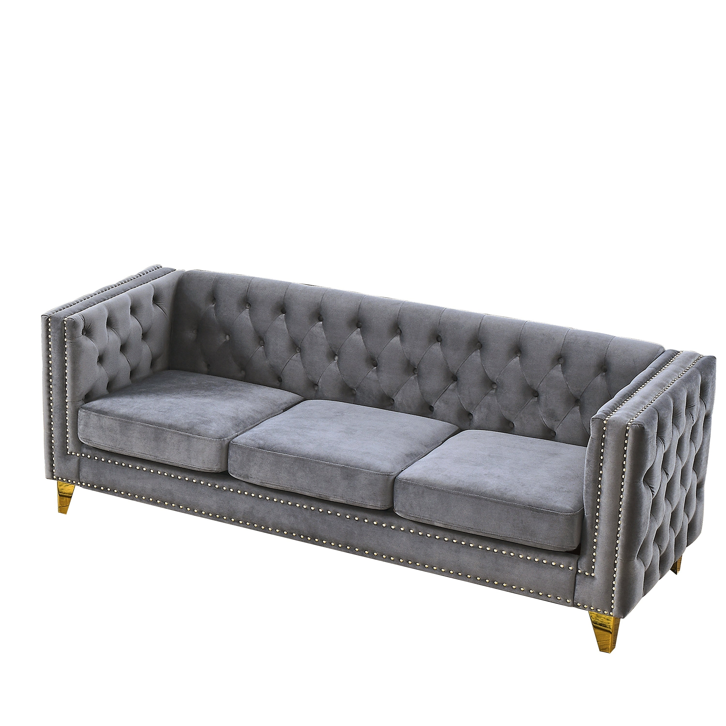 Grey velvet 3-seater sofa side profile with metal legs