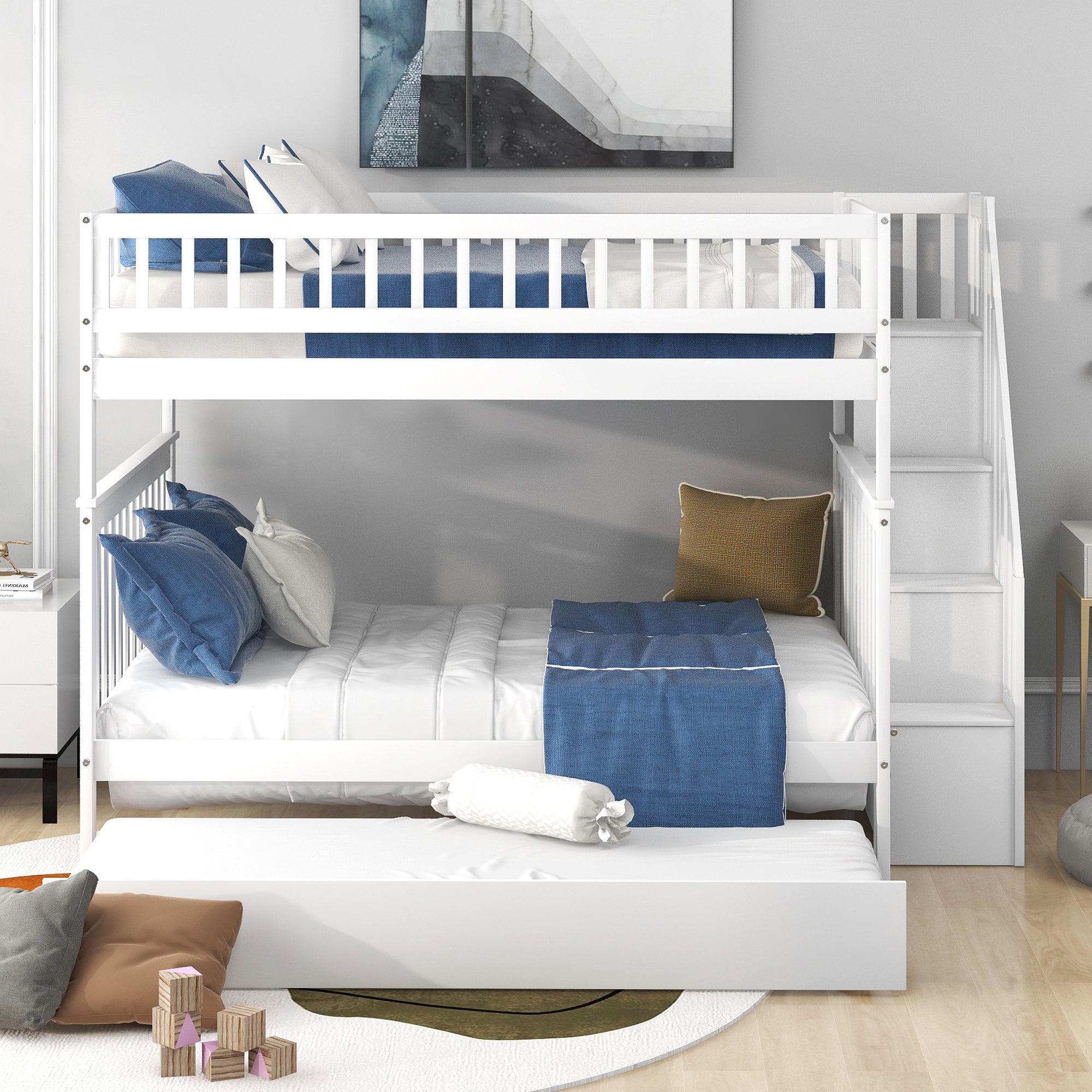 Staircase storage compartments under bunk bed stairs