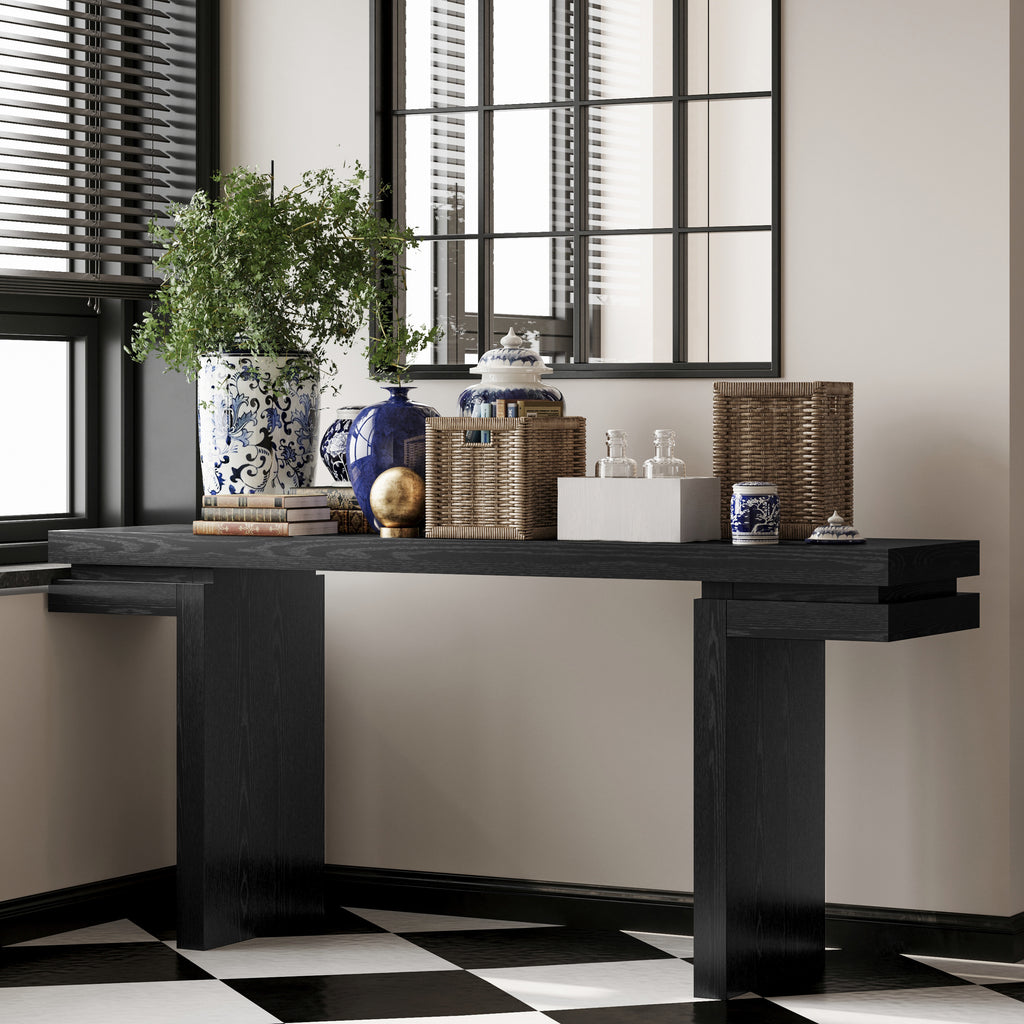 Black wood veneer console table extra wide 66 inch — front view