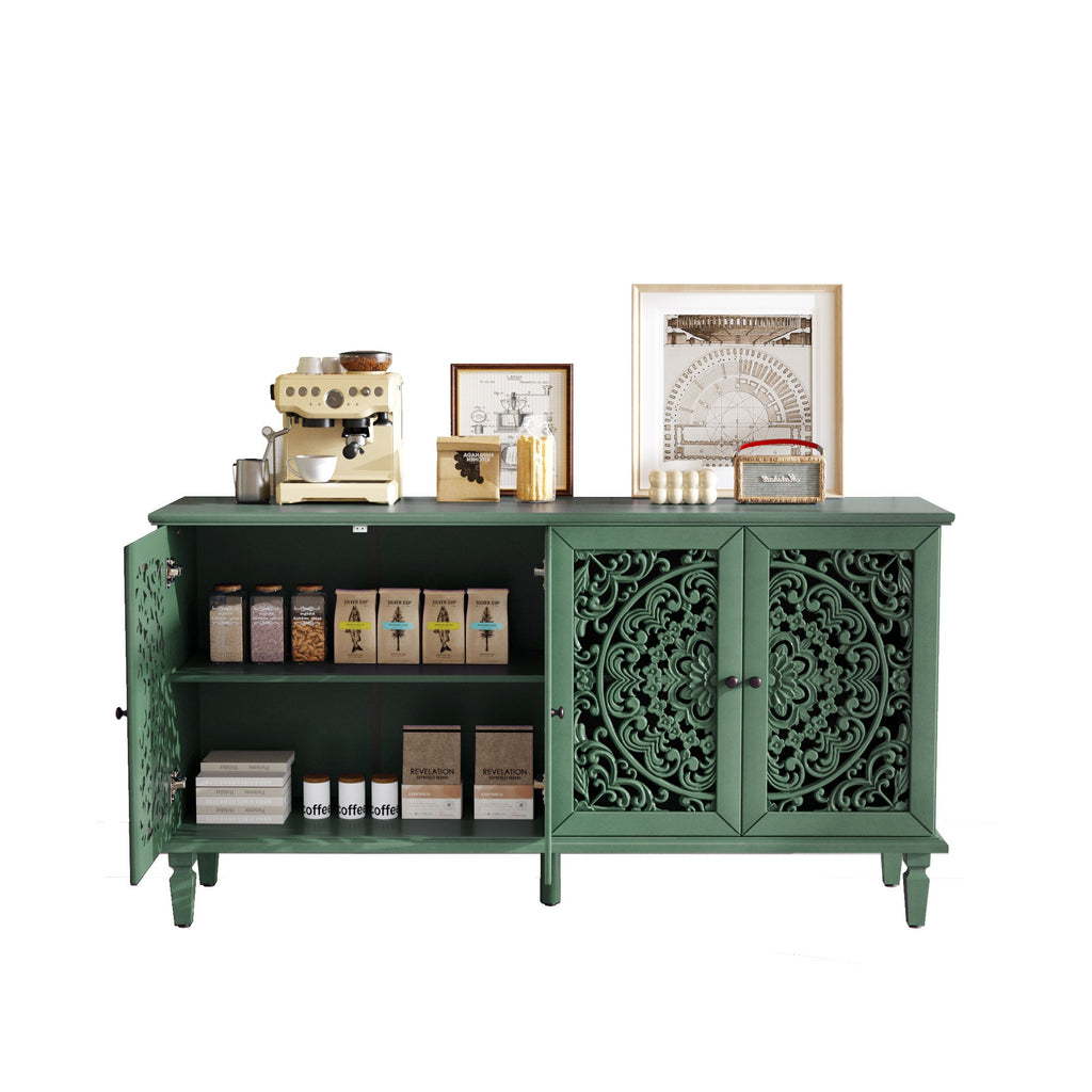60' Antique Buffet Cabinet with Floral Carvings with Solid Wood Legs&Antique Brass Handles&Adjustable Shelves, TV Stand for 65''+ TV, Sideboard for Living Room,Dining Room (Antique Grey White)