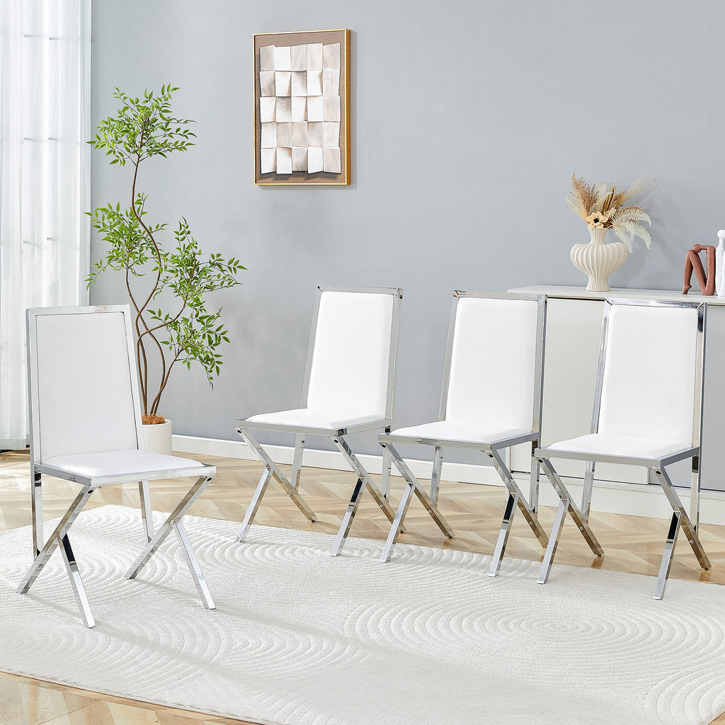 4-pack silver metal framed white PU dining chairs: ergonomic design, a simple and luxurious choice.Featuring uniquely designed silver metal legs.