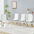 4-pack silver metal framed white PU dining chairs: ergonomic design, a simple and luxurious choice.Featuring uniquely designed silver metal legs.
