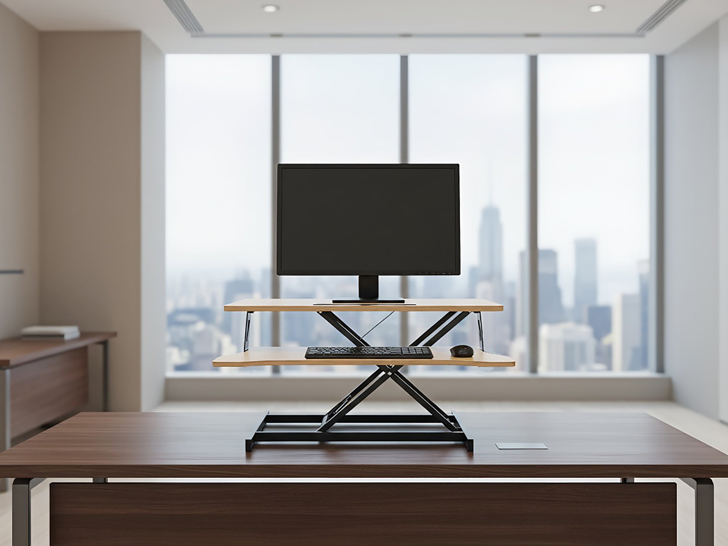 32 Inch Desk Converter, Height Adjustable Sit to Stand Riser, Dual Monitor and Laptop Workstation with Wide Keyboard Tray, Walnut Color