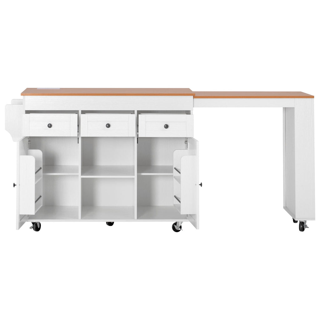 K&K 85.5' Kitchen Island with Extendable Dining Table, Kitchen Storage Table with 3 Side Open Shelves, Rolling Kitchen Island with Power Outlet, 3 Drawers, 2 Doors, for Kitchen, Dining Room, Black