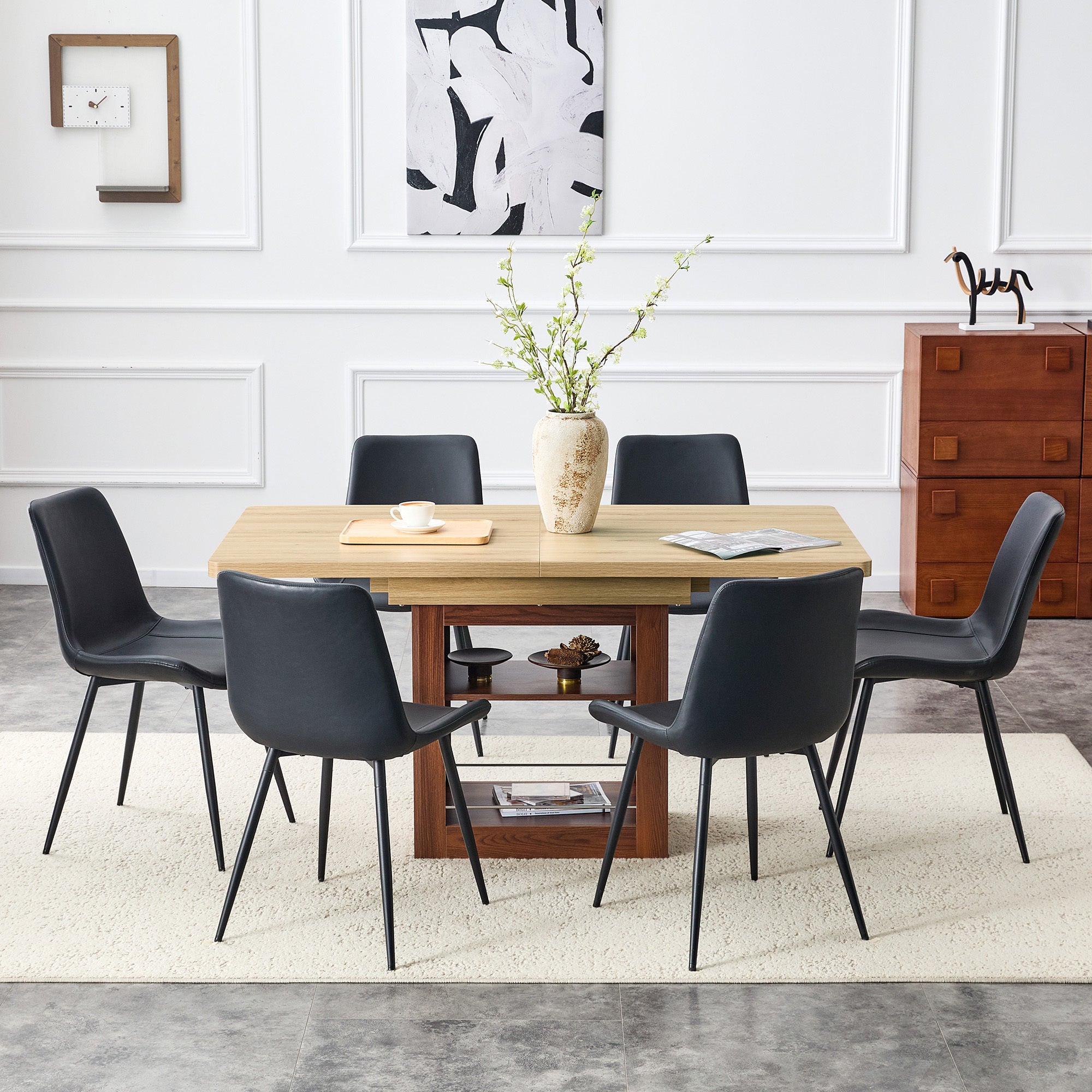 Scalable dining table and chair set, 59-71 inch pull-out table,6-piece set of Black Artificial PU Chairs With Curved Widened Cushion Design. Suitable for dining rooms,office,etc.