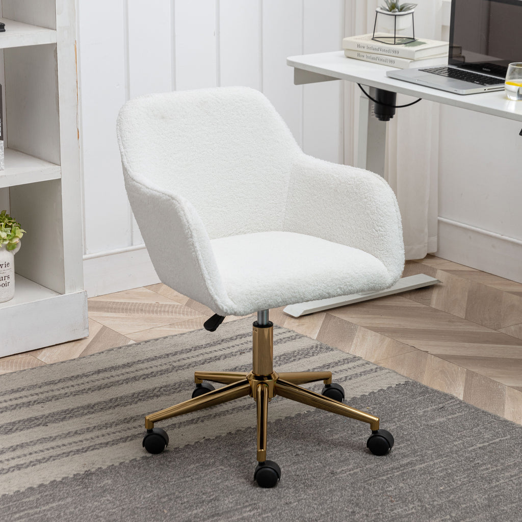 Adjustable white teddy fleece desk chair angle view