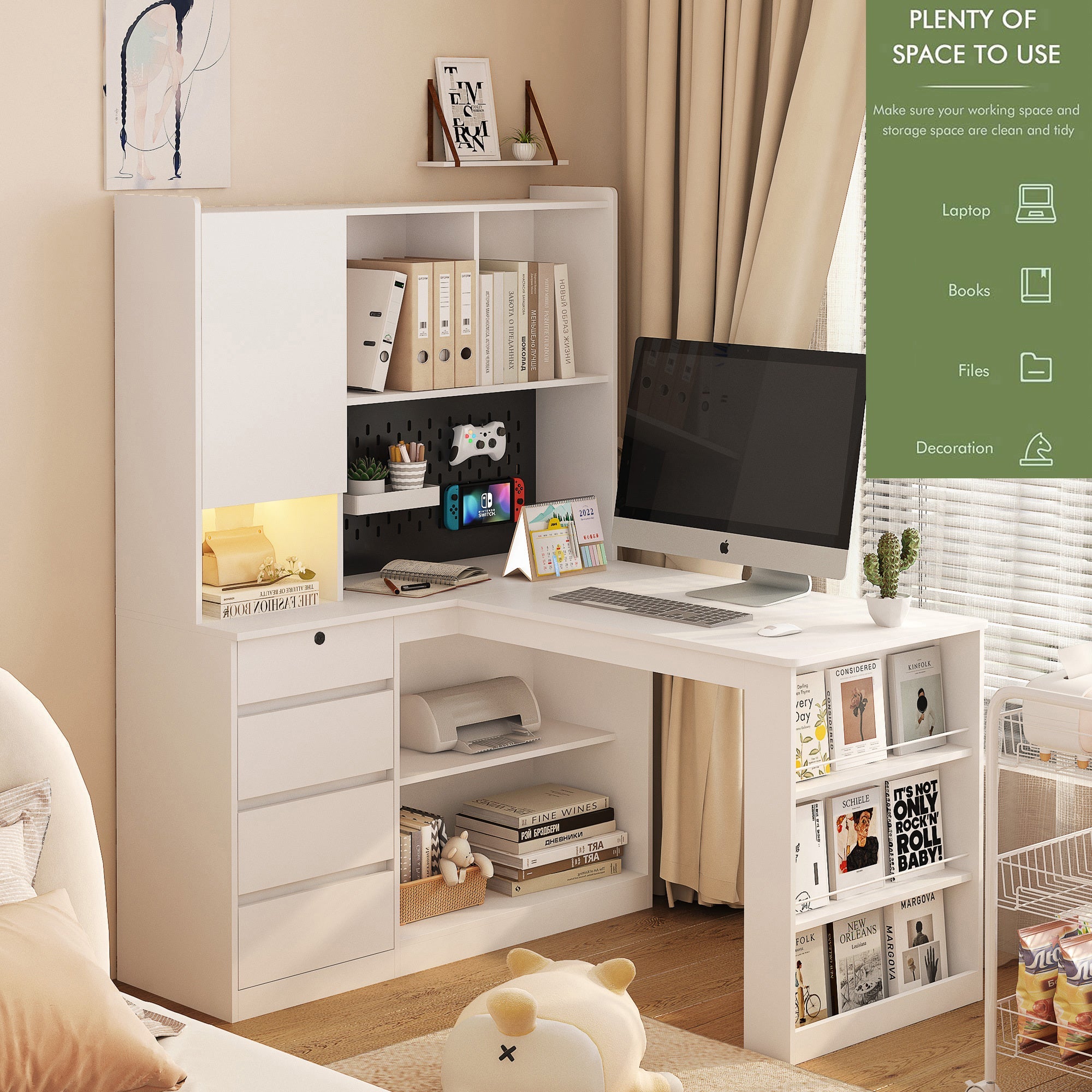 L-Shaped Desk with Bookshelf, Charging Station, Drawers & LED Light