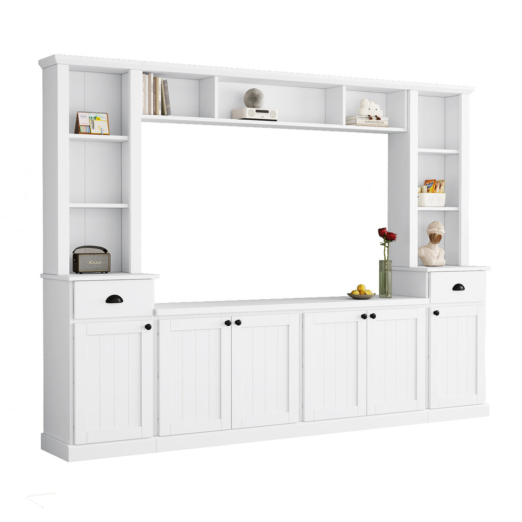White entertainment center bookshelf and TV cabinet combined view